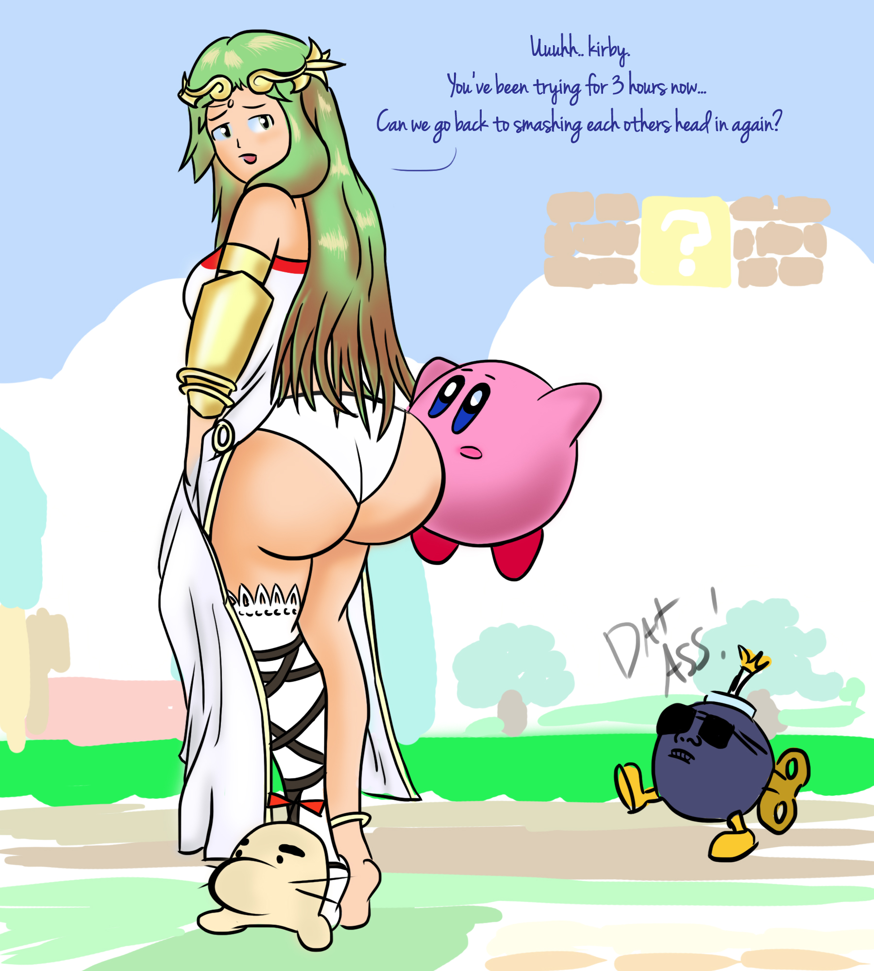 ass, big ass, bob-omb, clothed, female, green hair, kid icarus, kirby, kirby (series), mario (series), nintendo, palutena