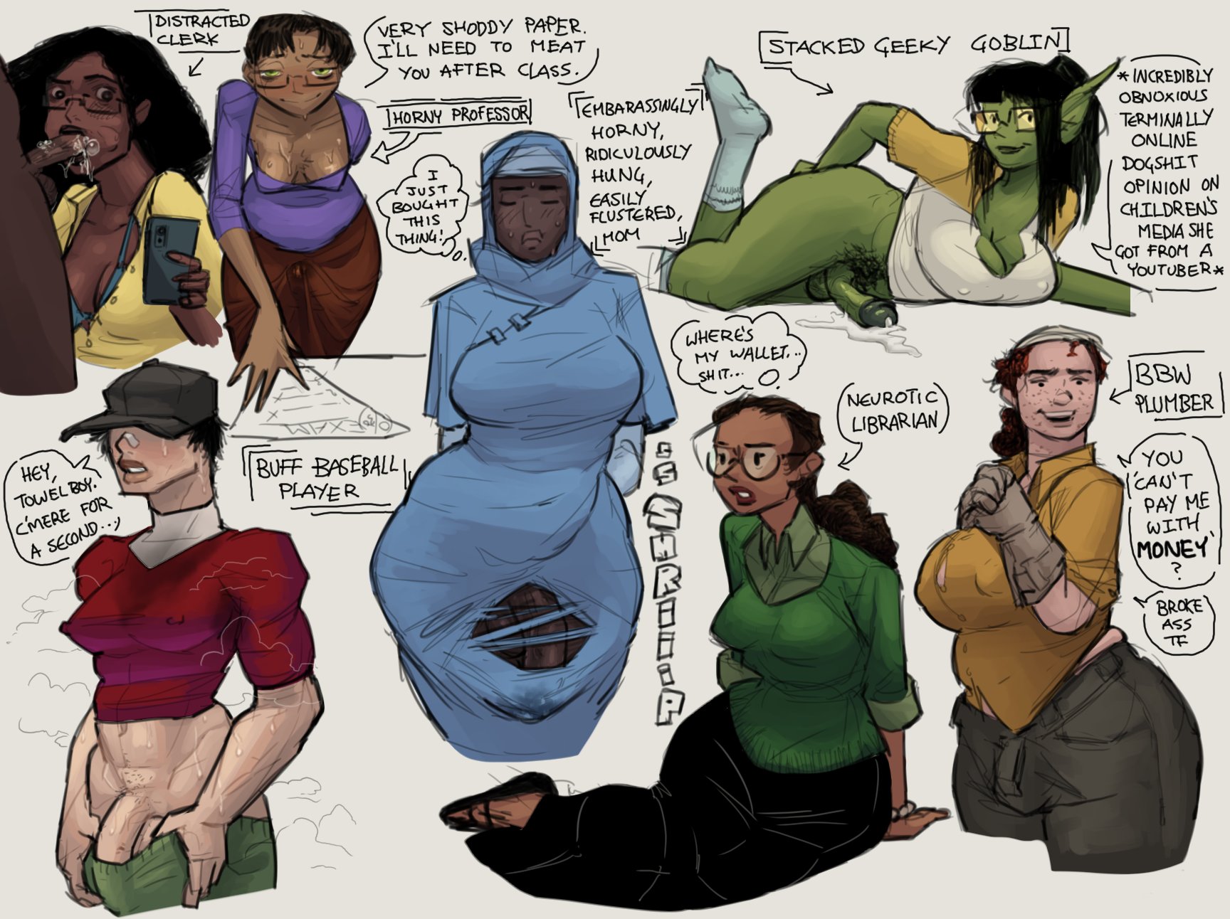 2024, balls, big breasts, big penis, breasts, bulge, clothed, clothing, collage, compilation, dark skin, dark-skinned futa, dialogue, erection, erection under clothes, fully clothed, futanari, goblin, human, intersex, light-skinned futa, md34, mostly clothed, penis, sweat, tagme, text, torn clothes