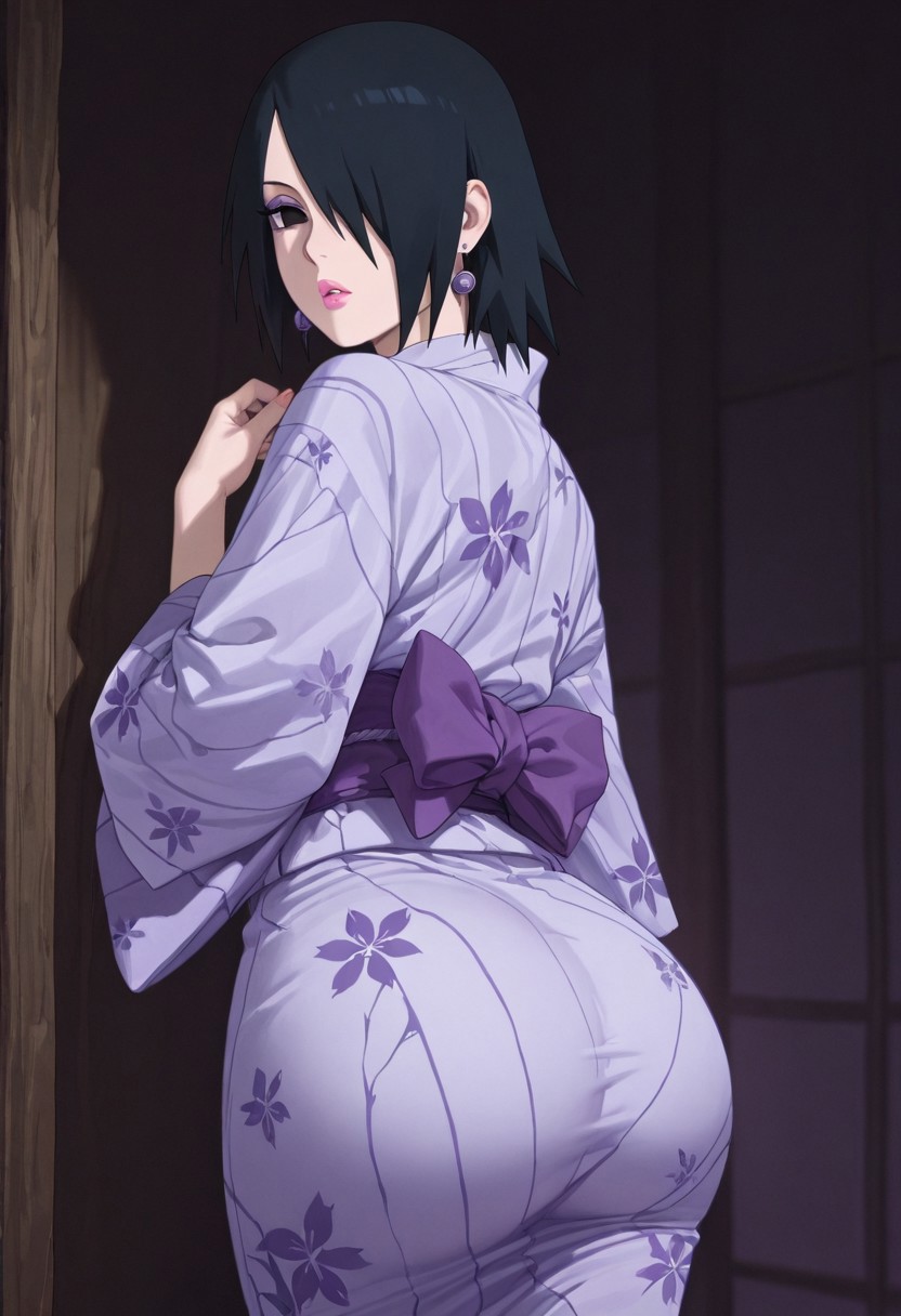 1girls, ai generated, amputee, ass, ass bigger than head, big ass, big butt, black eyes, black hair, blush, boruto: naruto next generations, bottom heavy, breasts, clothed, clothing, curvaceous, curvy, curvy figure, earrings, female, female focus, female only, floral print, fully clothed, gender transformation, genderswap (mtf), hair over one eye, japanese clothes, kimono, light skin, light-skinned female, looking at viewer, looking back, mature, mature female, medium breasts, milf, missing arm, naruto, naruto (series), obi, pale skin, pale-skinned female, pinup, presenting ass, rear view, rule 63, sash, sasuke uchiha, sasuko, sexy no jutsu, short skirt, shounen jump, sliding doors, solo, solo female, solo focus, thick ass, thick thighs, thighs, transformation, viewed from behind, voluptuous, walking, wide hips