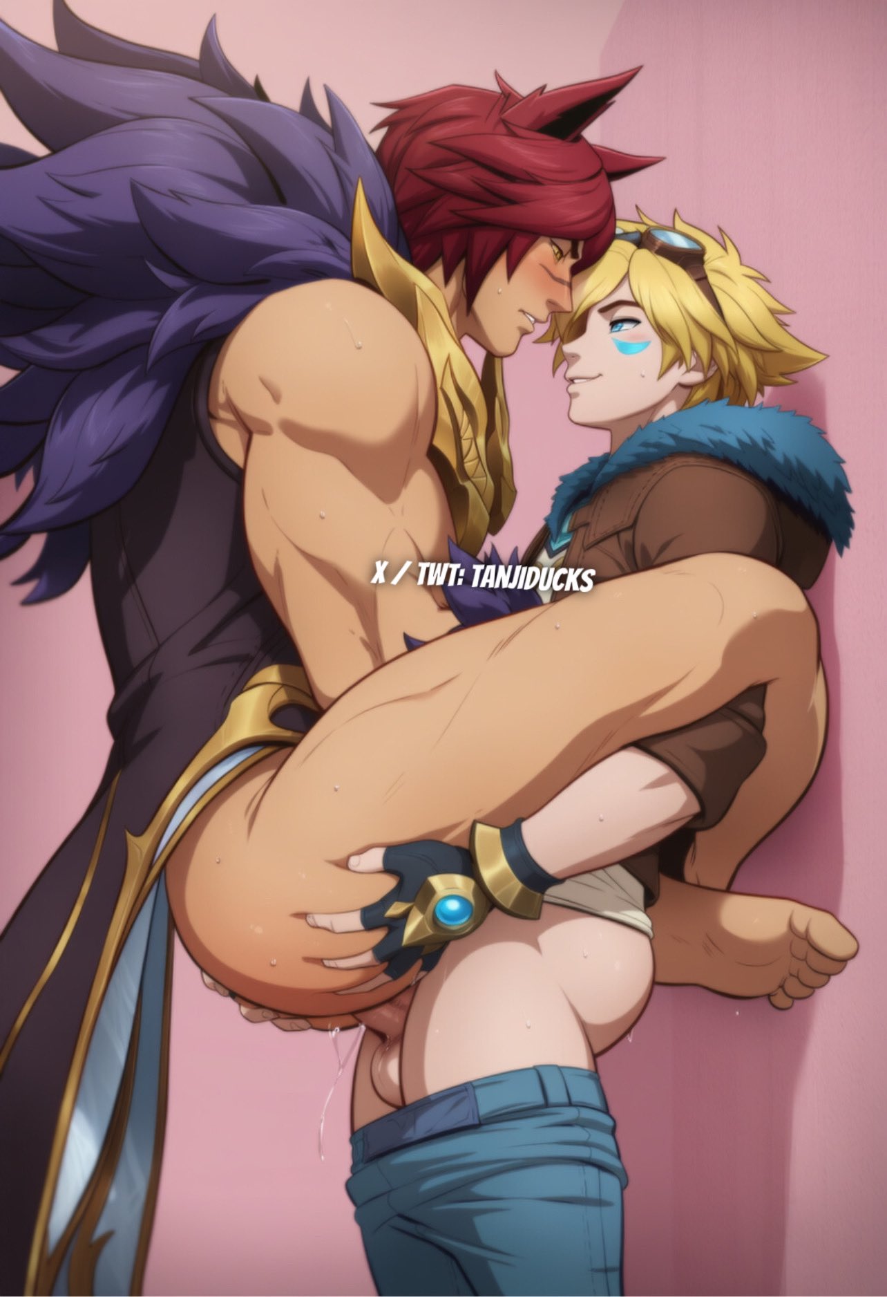 ai generated, anal, anal sex, animal ears, anime style, ass, ass grab, biceps, bigger dom, bigger penetrated, blonde hair, blonde-haired male, blue eyes, blue pants, clothes, clothing, dripping, ezreal, feet, game, gay, gay anal, gay domination, gay male, gay sex, gloves, goggles, homosexual, homosexual male, homosexual sex, human, human only, in heat, jacket, league of legends, league of legends: wild rift, male, male focus, male only, male penetrated, male penetrating, male penetrating male, male/male, muscles, muscular, muscular legs, muscular male, muscular thighs, pale skin, pale-skinned male, red hair, riot games, romantic, sett, small dom big sub, smaller male, thick ass, thick legs, thick thighs