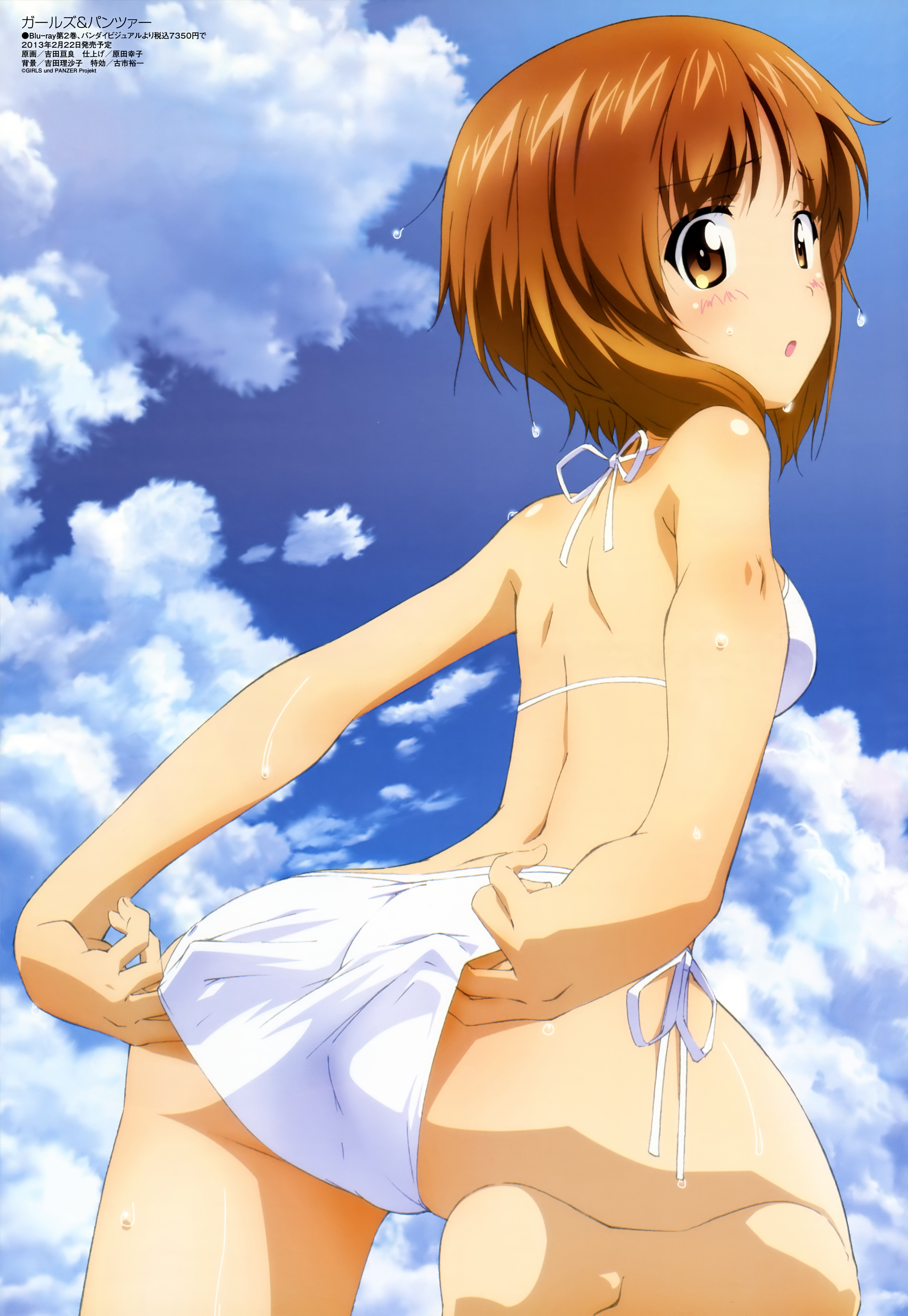 :o, 10s, absurd res, adjusting clothes, adjusting swimsuit, ass, barefoot, bikini, blush, brown eyes, brown hair, cloud, cowboy shot, day, feet, female, female focus, from behind, girls und panzer, highres, legs, looking at viewer, looking back, matching hair/eyes, megami magazine, nishizumi miho, official art, orange eyes, orange hair, scan, schoolgirl, short hair, side-tie bikini bottom, sky, solo, standing, swimsuit, trefoil, wet, white bikini, yoshida kousuke