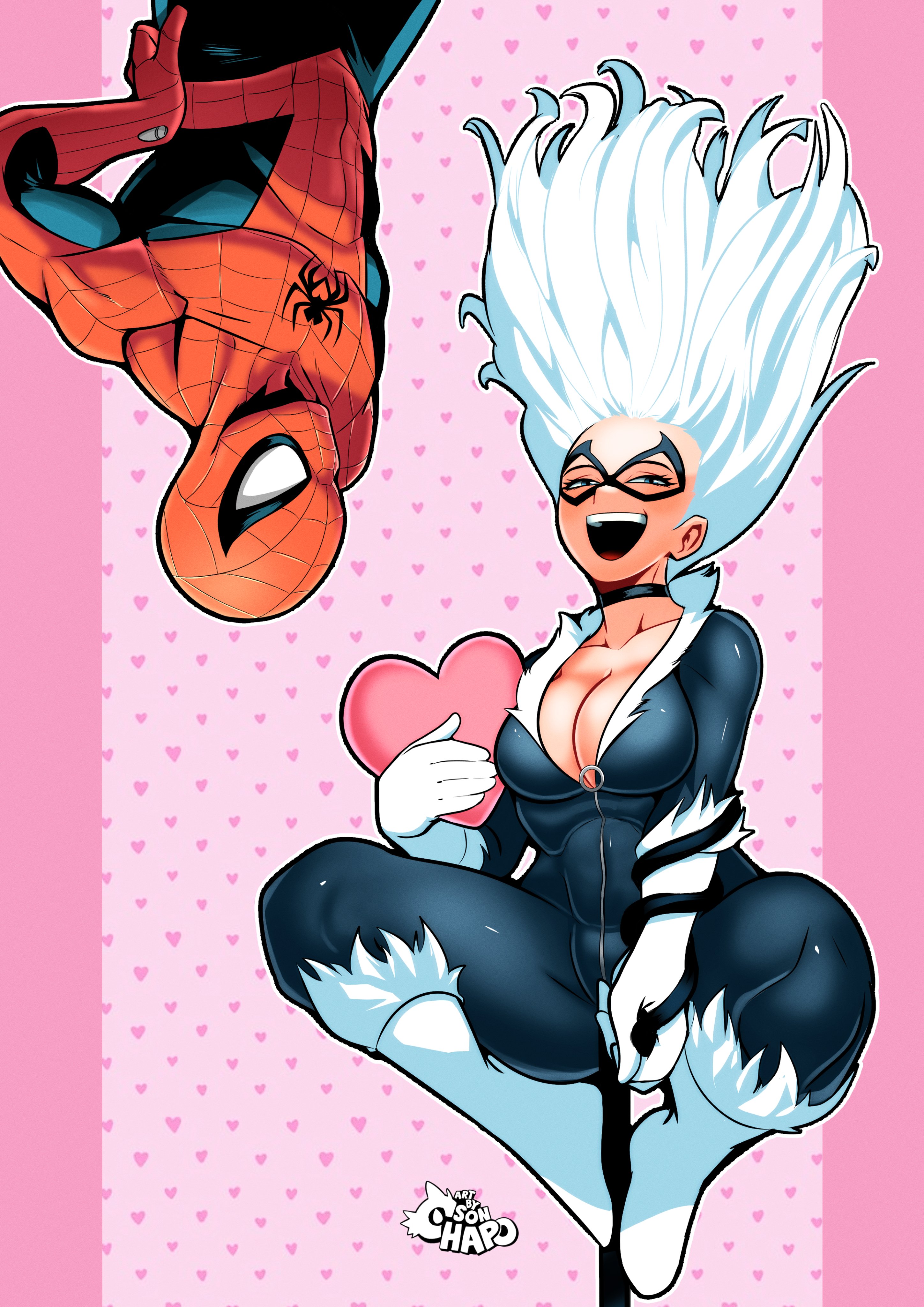1boy, 1boy1girl, 1girl1boy, 1girls, 2026, athletic, athletic female, big breasts, black cat (marvel), blue eyes, bodysuit, boots, breasts, bursting breasts, choker, collar, color, colored, couple, couple (romantic), couple love, couples, curvaceous, curvaceous body, curvaceous female, curvaceous figure, curvaceous hips, curvy, curvy body, curvy female, curvy figure, curvy hips, domino mask, eyemask, felicia hardy, female, gloves, happy, happy female, hips, huge breasts, large breasts, light skin, light-skinned female, looking at partner, looking at viewer, love, lovers, male, marvel, marvel comics, mask, masked, masked female, massive breasts, open mouth, peter parker, pinup, romantic, romantic couple, rope, seductive, seductive look, shiny, shiny breasts, shiny clothes, shiny skin, skin tight, sonchapo, spider-man, spider-man (series), superhero, superhero couple, superheroine, thick, thick breasts, thick hips, thick thighs, tight clothes, tight clothing, upside-down, valentine's day, valentines day, voluptuous, voluptuous female, white fur, white hair, wide hips, zipper
