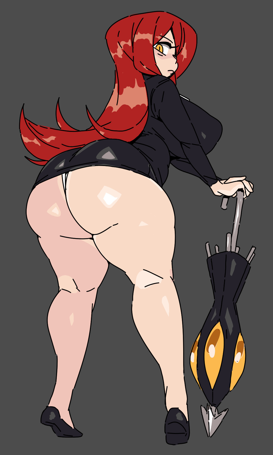 1girls, 2025, aortauricle, ass, ass focus, back view, big ass, big breasts, big thighs, breasts, clothing, color, commission, female, female only, grey background, holding object, huge ass, human, krieg (skullgirls), long hair, looking at viewer, looking back, looking back at viewer, parasol, parasoul, pose, red hair, revealing clothes, shiny skin, skullgirls, solo, thick thighs, thighs, umbrella, underwear, voluptuous, voluptuous female, yellow eyes