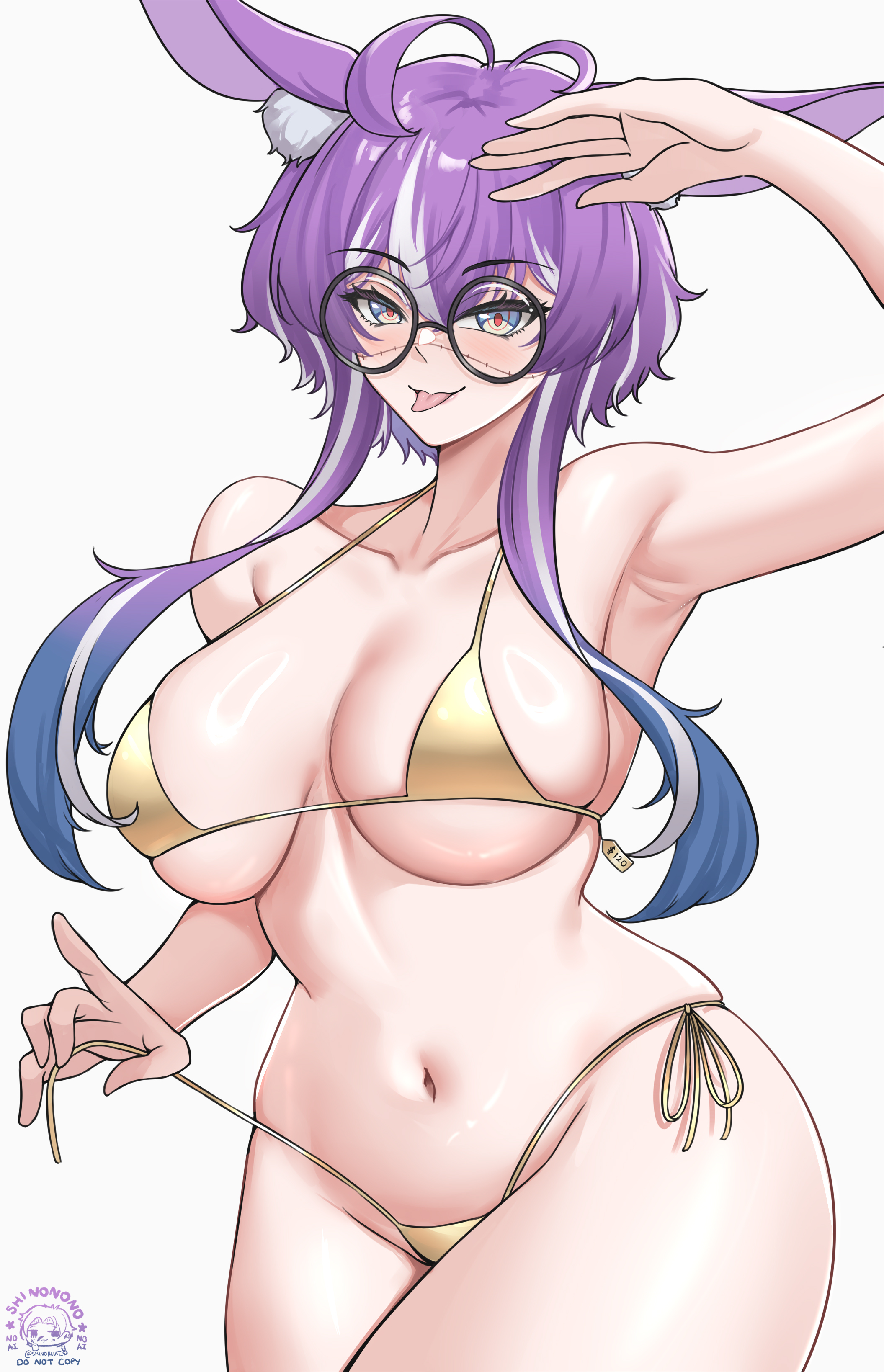 animal ears, big breasts, bikini, breasts, curvaceous, curvy, curvy body, curvy female, curvy figure, curvy hips, female, glasses, indie virtual youtuber, large breasts, long hair, michi mochievee, purple hair, shinoillust, thick hips, thick thighs, virtual youtuber, wide hips