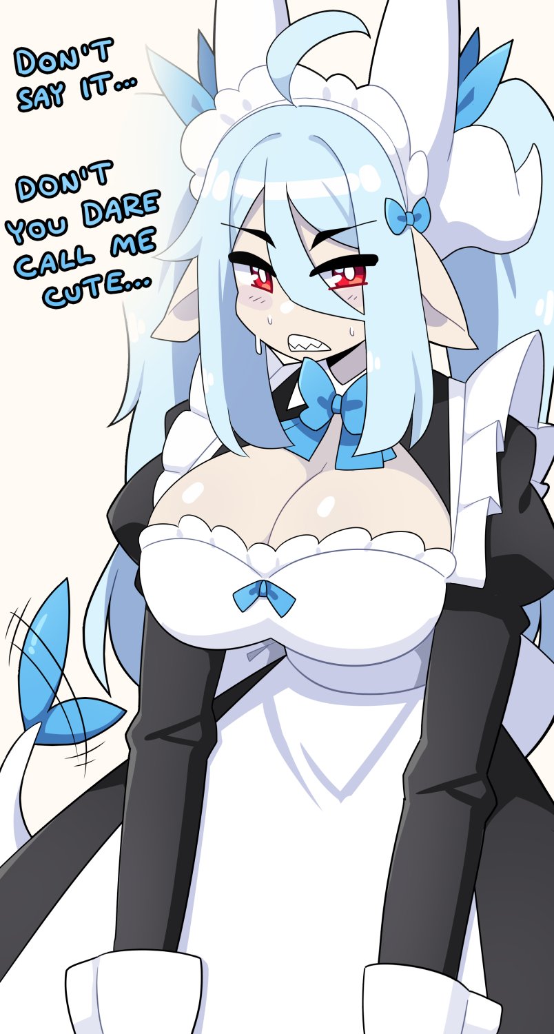 1girls, ahoge, angry, big breasts, blue hair, blush, breasts, cleavage, english text, female, female only, hi res, horns, j5daigada, long hair, looking at viewer, maid, maid headdress, maid uniform, neck ribbon, original, pointy ears, red eyes, sasha (daigada), sharp teeth, solo, tail, tail wagging, talking to viewer, teeth clenched, text, white background