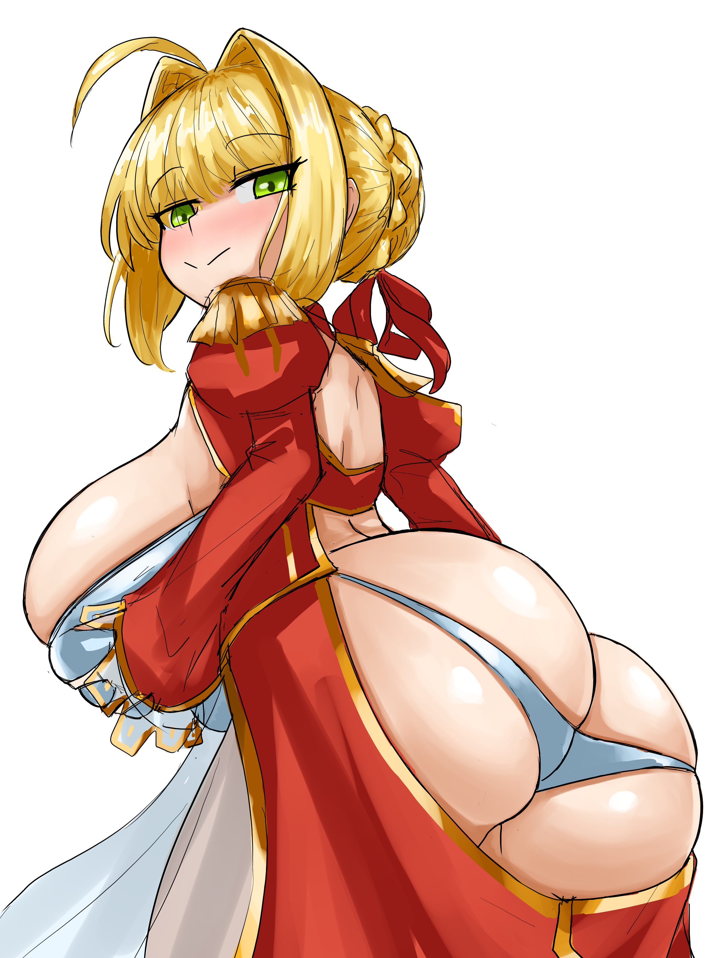 1girls, absurd res, absurd resolution, absurdres, ahoge, ass, ass cleavage, ass crack, ass focus, back, back cutout, backless outfit, big ass, big breasts, big butt, blonde hair, blush, boobs and butt pose, breast fondling, breast grab, breasts, bubble ass, bubble butt, busty, butt crack, clothing cutout, curvaceous, curvy, curvy female, curvy figure, eyebrows visible through hair, eyes visible through hair, fat ass, fate (series), fate/extra, fate/grand order, female, female focus, female only, fondling, fondling breast, fondling own breast, grab, grabbing, grabbing breasts, grabbing own breast, grabbing own breasts, green eyes, hair bun, hair ribbon, hi res, high resolution, highres, huge ass, huge breasts, huge butt, large ass, large breasts, light skin, light-skinned female, looking back, medium hair, nero claudius (fate), panties, red dress, ribbon, sideboob, sidelocks, simple background, smile, smiling, solo, solo female, solo focus, steamingtofu, tagme, thick ass, thick thighs, thighs, tied hair, underwear, voluptuous, voluptuous female, white background, white panties, white underwear