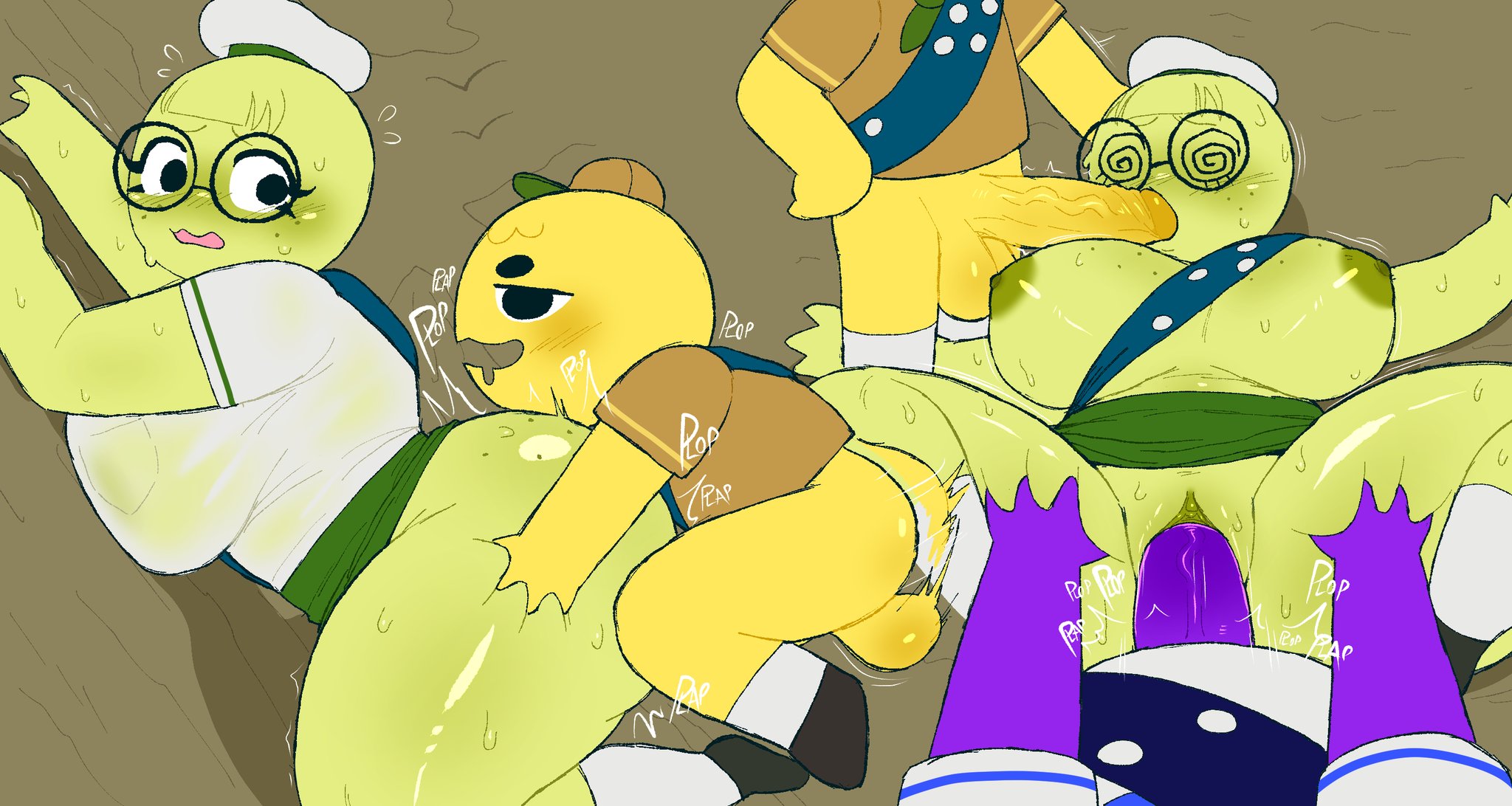 1girls, 2boys, balls, big breasts, big penis, breasts, clothing, eyewear, female, female penetrated, glasses, larger female, male, male penetrating, male penetrating female, male/female, mamas hell, oral, peak (videogame), peak-chan (okgaki), penis, perching position, pussy, questionable consent, scout (peak), sex, size difference, smaller male, text, thick thighs, vaginal penetration