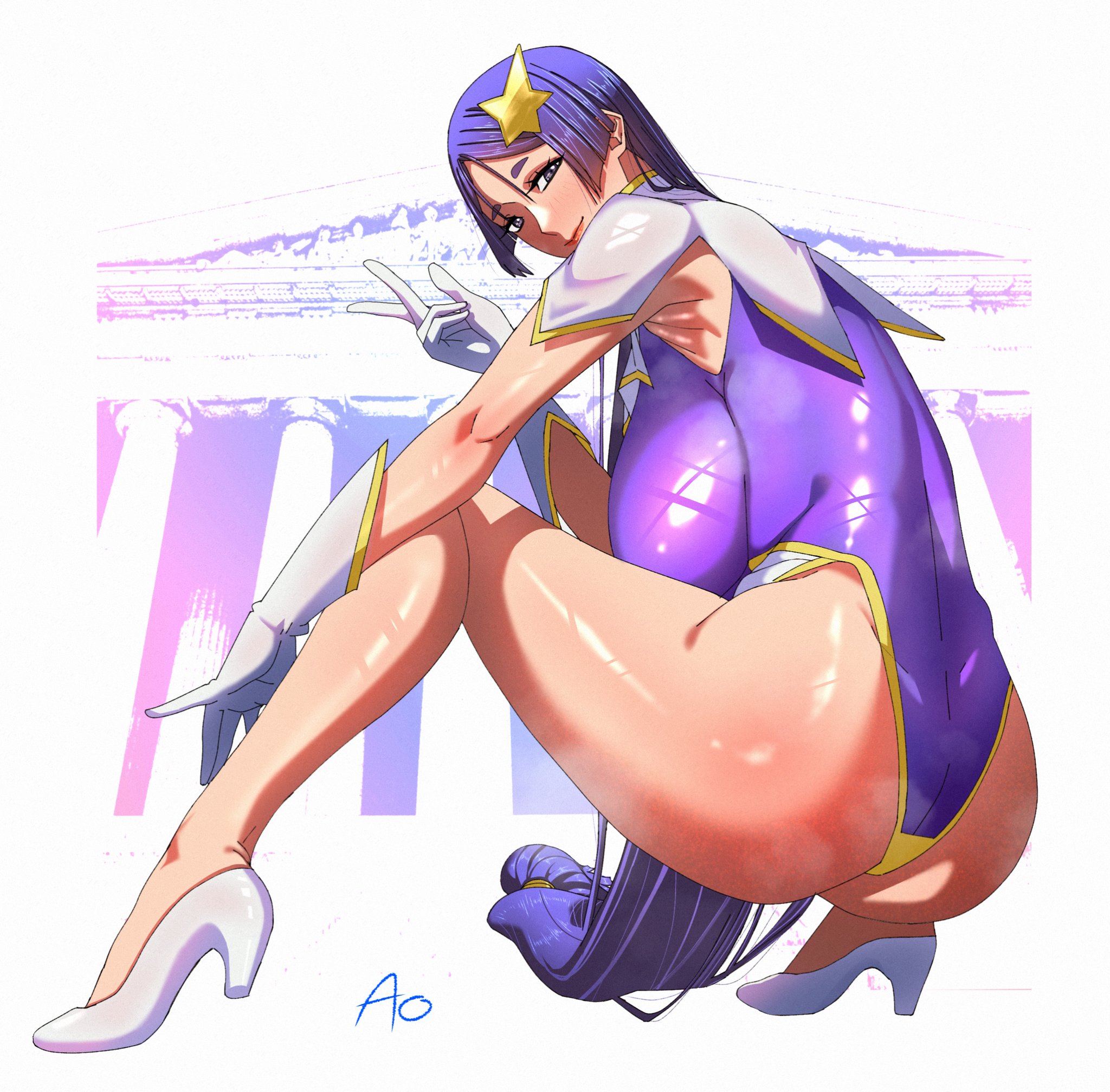 1girls, annimeone7, ass, big ass, big breasts, black eyes, blush, breasts, cosplay, fate (series), fate/grand order, female, female only, footwear, gloves, gundam, gundam seed destiny, hair, handwear, heels, huge breasts, legs, leotard, lips, long hair, looking back, mature, mature female, mature woman, meer campbell (cosplay), milf, minamoto no raikou (fate/grand order), purple hair, purple leotard, smile, solo, solo female, squatting, steam, steamy, white gloves