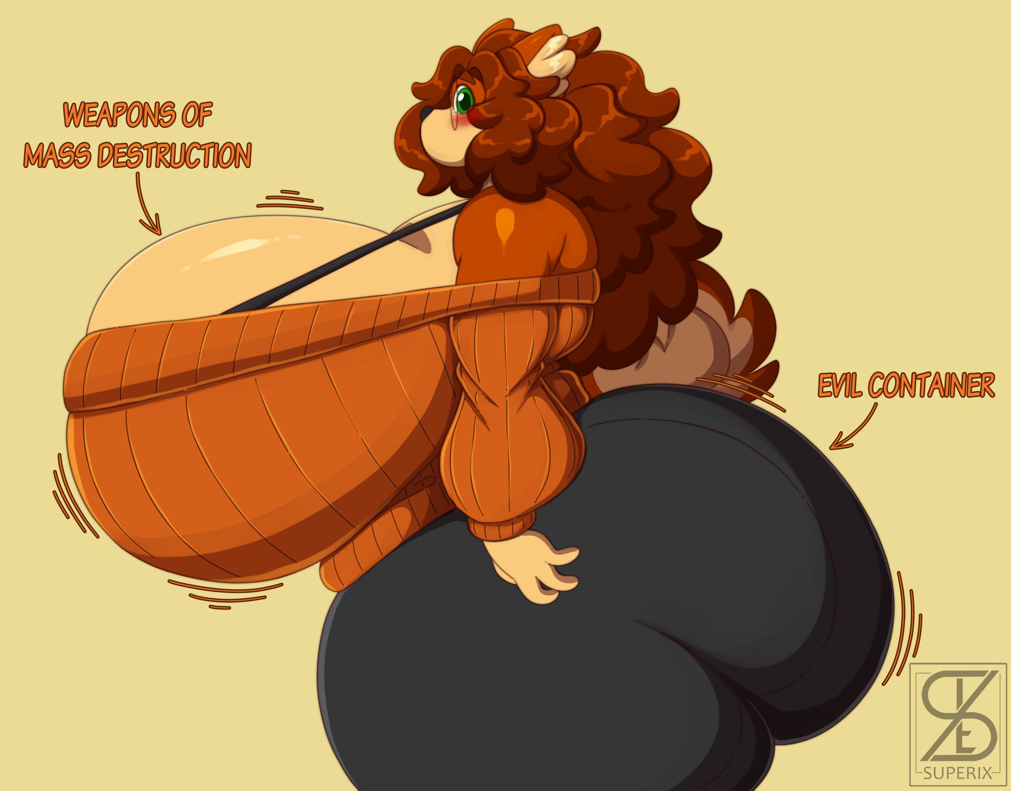 1girls, 2d, 2d (artwork), 2d artwork, anthro, anthro female, ass, ass bigger than head, bare shoulders, big ass, big breasts, breasts, breasts bigger than head, brown hair, brown hair female, canid, canine, canis, clothing, digital drawing (artwork), digital media (artwork), dog girl, domestic dog, enormous ass, enormous breasts, evil container, female, female focus, female only, finnish, finnish girl, furry, furry female, furry only, glasses, green eyes, green eyes female, large ass, large breasts, long hair, long hair female, meme, shiny breasts, solo, solo female, solo focus, superia (superix), superix, text, two-tone body, two-tone fur, weapons of mass destruction