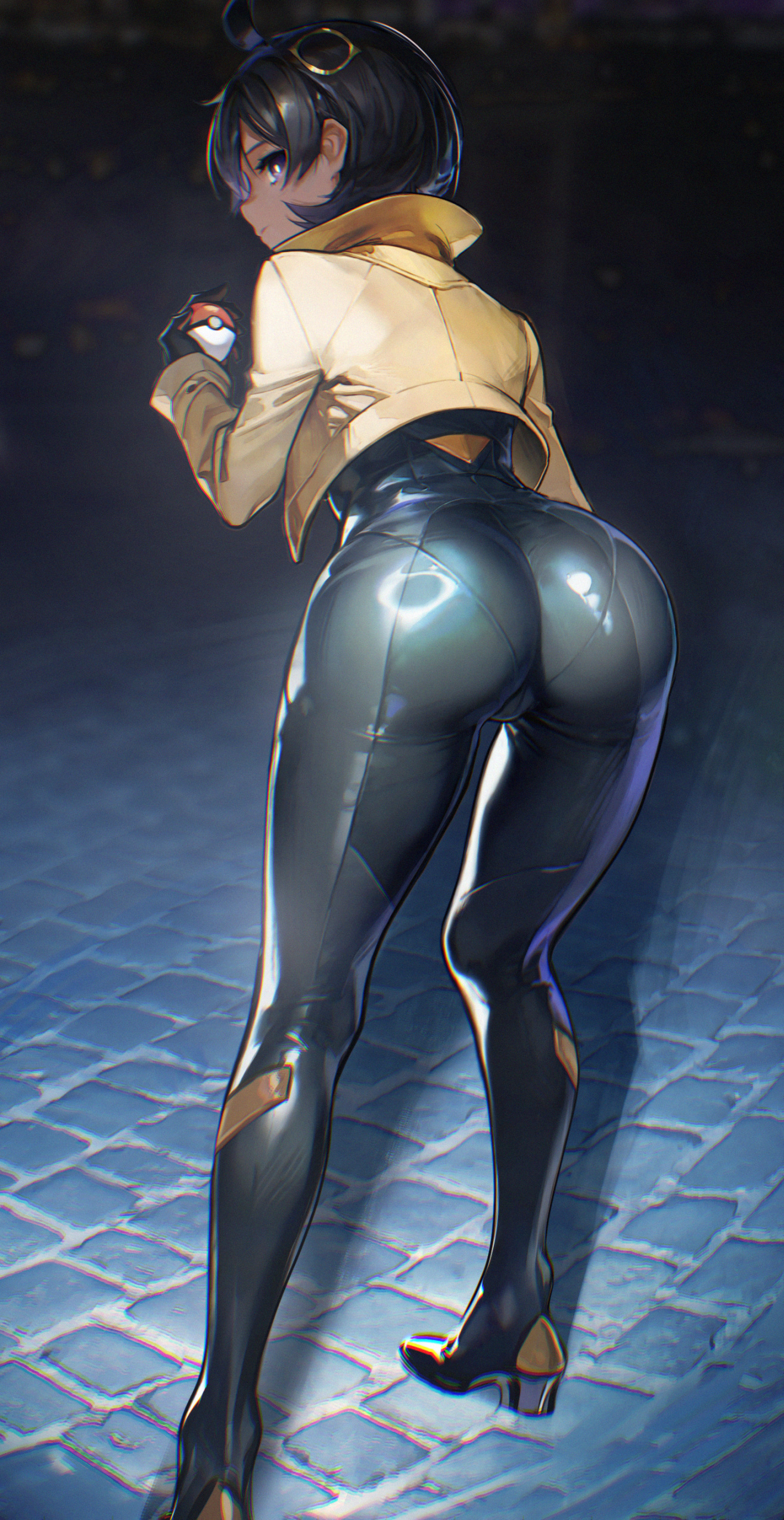 absurdres, ass, bent over, black bodysuit, black gloves, black hair, black shoes, bodysuit, bodysuit under clothes, brown jacket, closed mouth, commentary, cowlick, dark skin, dark-skinned female, emma (pokemon), female, full body, gloves, hair between eyes, hair ornament, highres, holding, holding poke ball, jacket, kryp132, latex, latex bodysuit, long sleeves, looking at viewer, matiere (pokemon legends: z-a), matiere (pokemon), night, nintendo, outdoors, poke ball, poke ball (basic), pokemon, pokemon legends: z-a, purple eyes, shadow, shoes, short hair, sidelocks, solo, standing, swept bangs