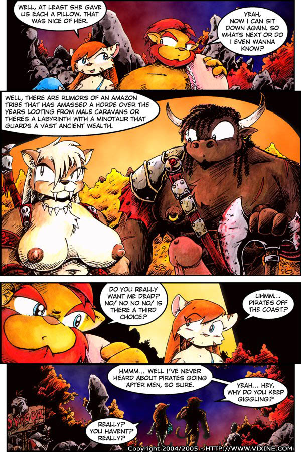 anthro axe big_breasts bovine breasts comic cougar dialogue drake_fenwick english_text feline female horn male minotaur nipples penis text weapon