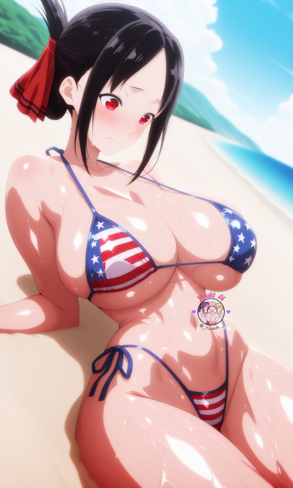 1girls, ai generated, american flag bikini, breasts, female, female only, kaguya-sama wa kokurasetai ~tensai-tachi no renai zunousen~, large breasts, light skin, light-skinned female, looking at viewer, shinomiya kaguya, shiny skin, thick thighs, thighs, wet, wide hips, yuukiai