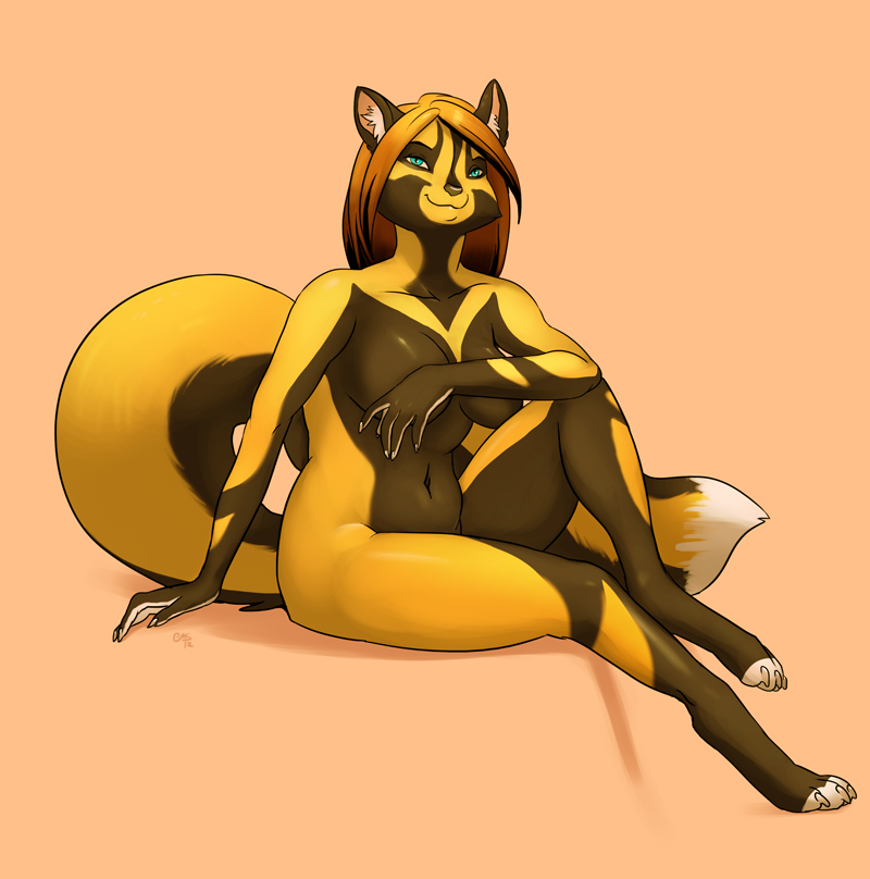 anthro canine dominatrixsparkles fox fur furry nude orange04 paws sitting smile yellow_theme