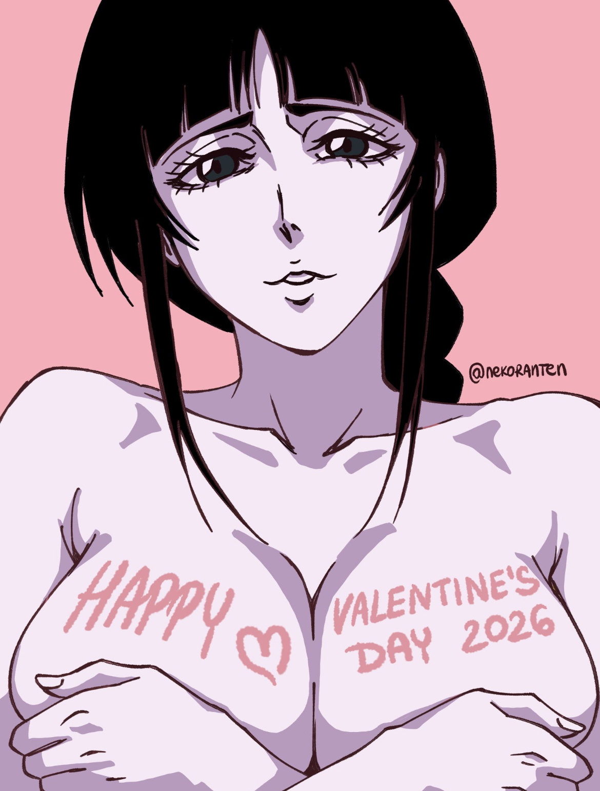 1girls, 2026, 2d (artwork), bangs, big breasts, black hair, bleach, braided hair, breasts, female, female only, hands covering breasts, hands on breasts, high resolution, juicy lips, kurotsuchi nemu, nekoranten, valentine's day, writing on breasts