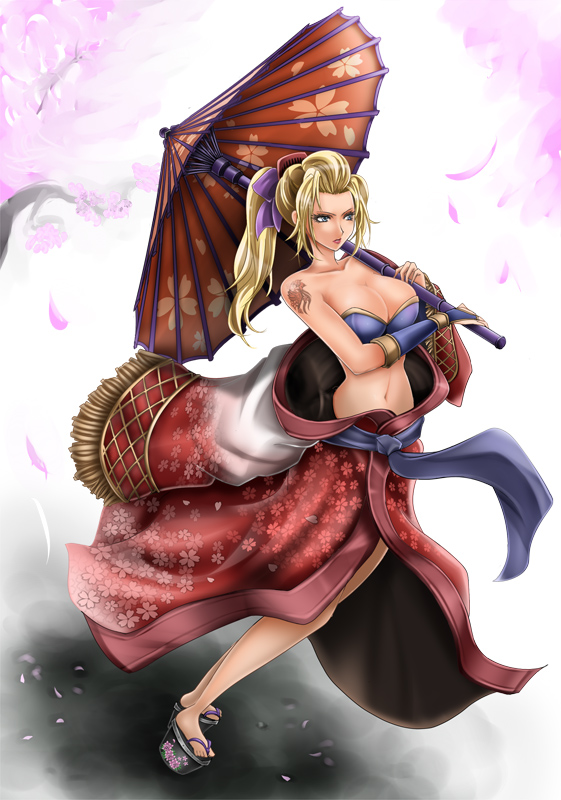 1041_(toshikazu) 1girls big_breasts blonde_hair breasts chinese_clothes cleavage clothed female female_only kimono leaning okobo ponytail setsuka solo soul_calibur soul_calibur_iv