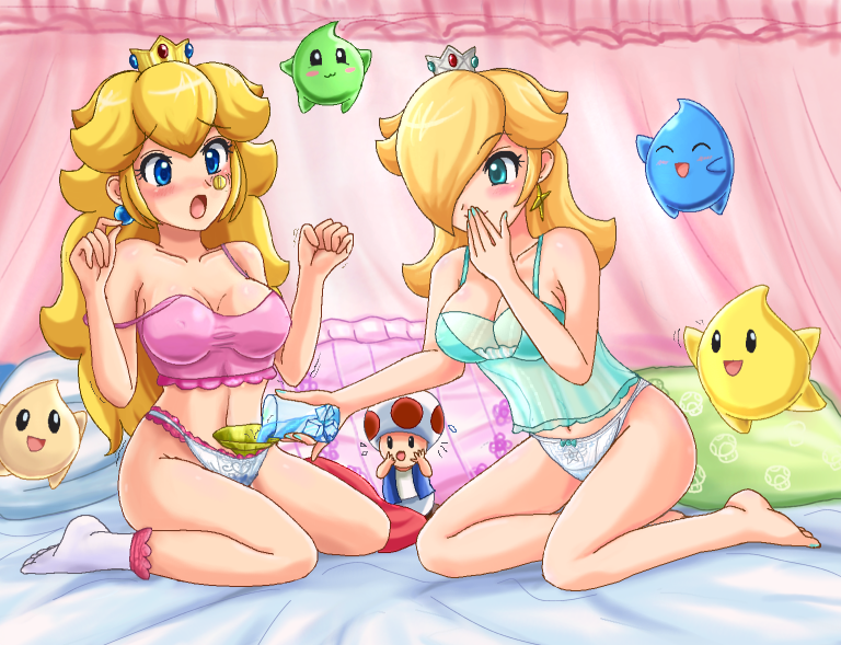 1boy 2girls barefoot big_breasts blue_eyes blush breasts coin crown cute earrings feet female funnel glass green_eyes hair_over_one_eyes human ice ice_cube kneeling large_breasts lingerie luma mario_(series) nail_polish nintendo pajamas panties prank princess_peach princess_rosalina sigurdhosenfeld sitting socks strap_slip super_mario_galaxy thong toad_(mario) underwear wariza water wet wet_panties yokozuwari yuri