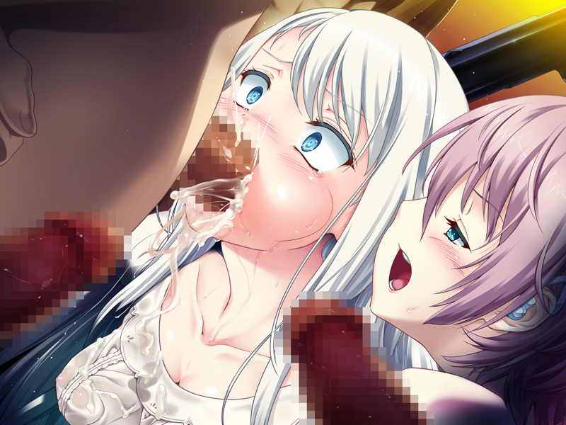 2girls 4boys assisted_fellatio blue_eyes blush censored cum cum_in_mouth fellatio lips multiple_boys multiple_girls oral penis play!_play!_play!_san teamwork wazakita