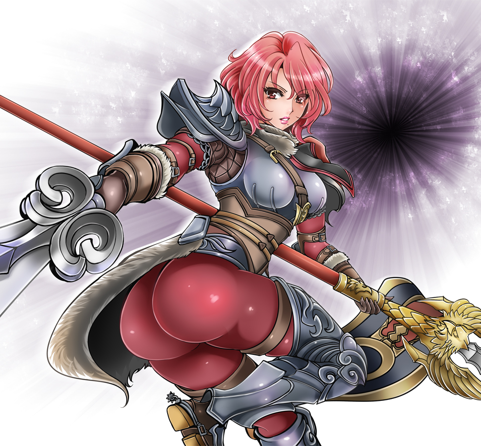 1041_(toshikazu) 1girls armor ass bent_over big_ass buckle clothed dat_ass female hildegard_von_krone long_hair looking_back namco polearm red_hair short_hair solo soul_calibur soul_calibur_v sword weapon