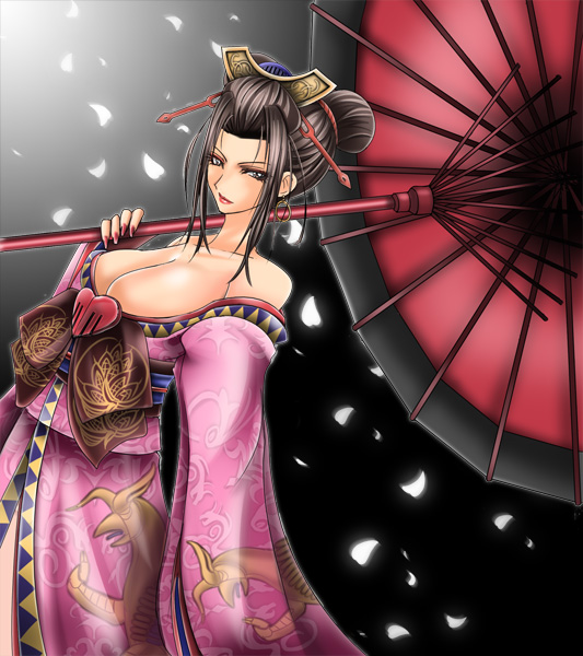 1041_(toshikazu) 1girls breasts brown_hair cleavage clothed female female_only geisha huge_breasts kimono setsuka solo soul_calibur soul_calibur_iii