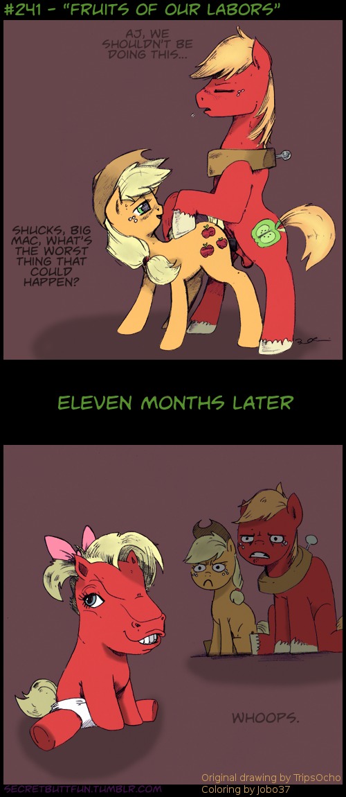 applejack_(mlp) baby balls big_macintosh_(mlp) dialogue diaper equine female friendship_is_magic funny hair horse incest incest_pregnancy jobo37 male my_little_pony penetration penis pony straight_hair text tripsocho what