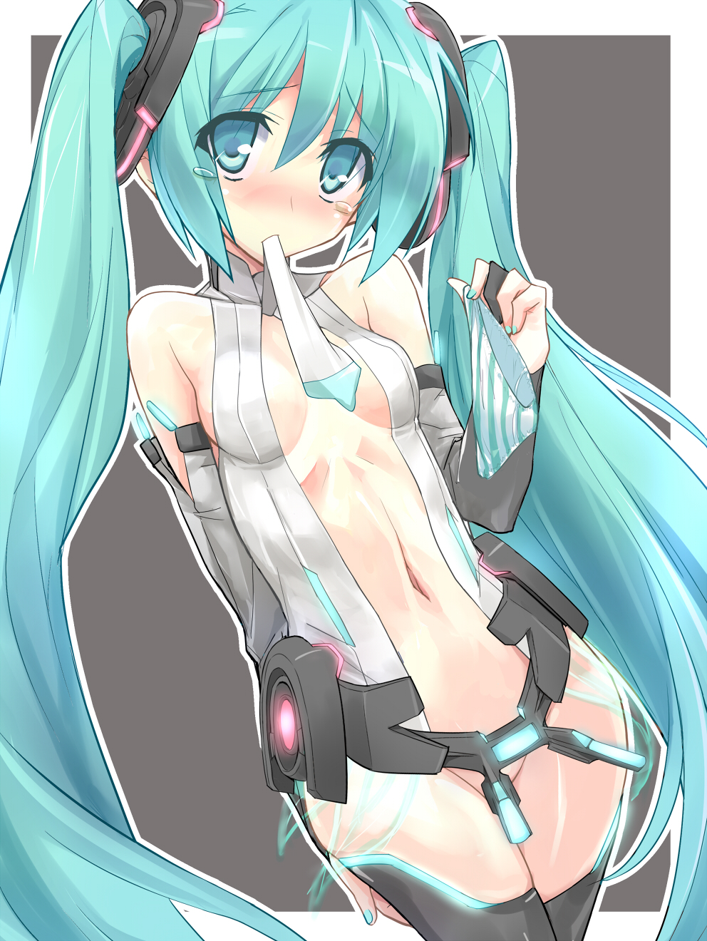 1girls aqua_eyes aqua_hair bare_shoulders blush breasts bridal_gauntlets center_opening cleavage eeeeee female hatsune_miku hatsune_miku_(append) high_resolution holding holding_panties long_hair looking_at_viewer mouth_hold navel necktie no_panties panties project_diva project_diva_(series) solo striped striped_panties tear tears thighhighs tied_hair twintails underwear very_long_hair vocaloid