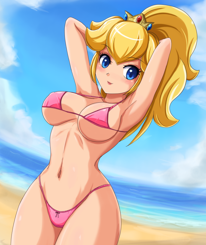 1girls armpits arms_behind_head arms_up beach beige_skin big_breasts bikini blonde_hair blue_eyes blush breasts busty closed_mouth clothes cloud color crown day female female_only front_view huge_breasts human human_only large_breasts lipstick long_hair looking_at_viewer makeup mario_(series) micro_bikini navel nintendo ocean open_eyes outdoors pink_bikini ponytail princess_peach red_lipstick sand sexy_armpits sigurdhosenfeld sky smile solo super_mario_sunshine swimsuit thick_thighs thin_waist toned underboob water wide_hips