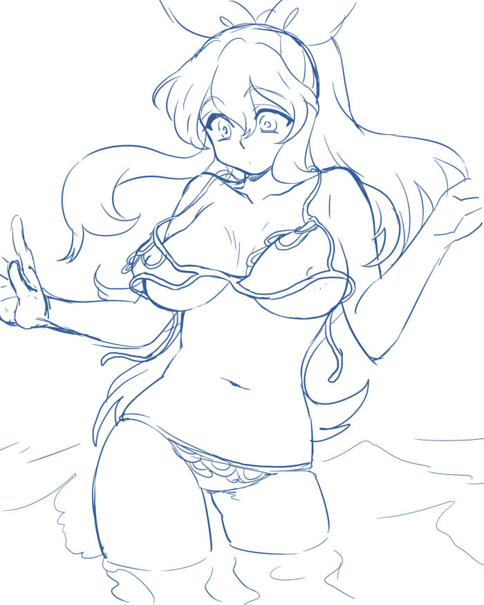 keine_kamishirasawa monochrome ribbon sketch swimsuit touhou wading wardrobe_malfunction yumiya