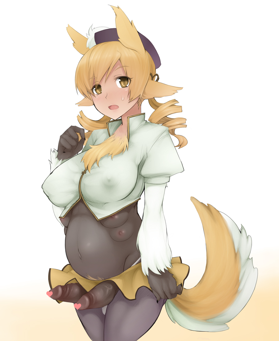 1futa, abubu, animal ears, blonde hair, breasts, censored, diphallia, diphallism, erect nipples, female, futa only, futanari, hat, intersex, kemono, mahou shoujo madoka magica, monster girl, multi breast, multi genitalia, multi penis, navel, nipples, penis, pregnant, pregnant futa, solo, tail, tomoe mami