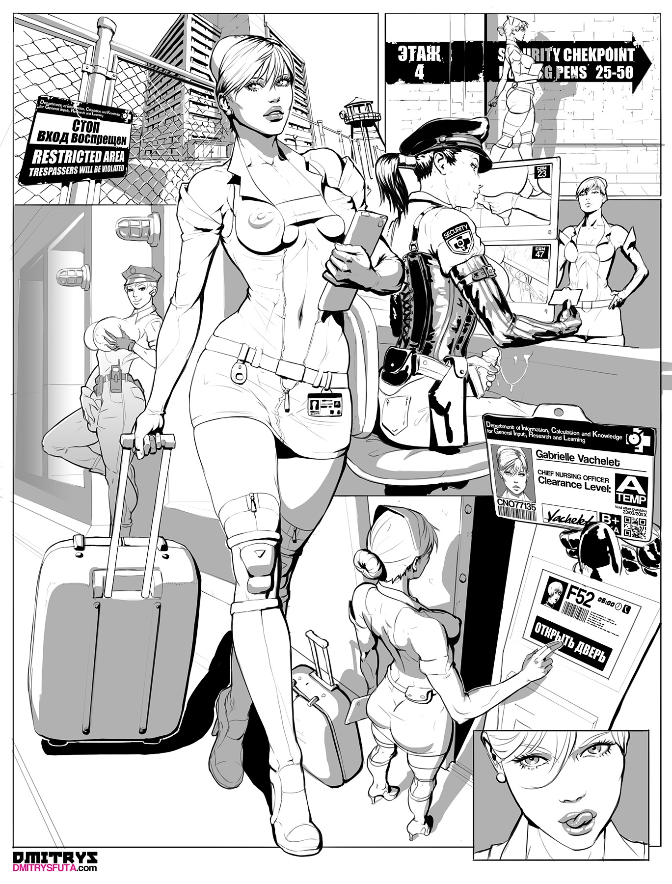 ass, breasts, bulge, comic, dmitrys, futanari, intersex, monochrome, nurse, partially colored, police, text, uniform