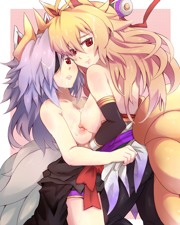 animal_ear back bare_shoulders blush bow breasts brown_hair clothing cum cum_on_body cum_on_breasts cum_on_upper_body eye_patch fox_ear horns izuna_(shinrabanshou) kuon_(shinrabanshou) large_breasts long_hair looking_back multiple_girls multiple_tails purple_hair red_eyes shinrabanshou tail topless yude