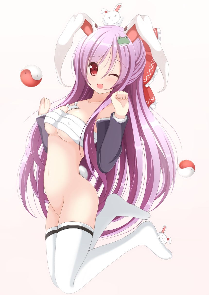 1girls animal_between_breasts animal_ear between_breasts bottomless bow breasts bunny bunny_ear bunny_tail chimunge detached_sleeves female frog_hair_ornament hair_ornament hairbow highres lavender_hair long_hair mound_of_venus navel no_panties reisen_udongein_inaba sarashi solo tail thighhighs touhou underwear underwear_only very_long_hair white_background white_legwear wink yin_yang