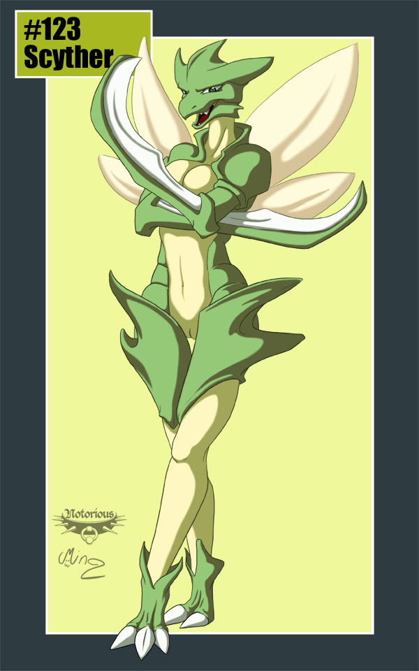 anthro blades breasts color female female_only furry insect mantis morph nintendo pokemon pokemorph pussy scyther solo the_pokedex_project wings