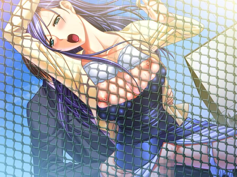 1male blush bra breasts censored erect_nipples fence game_cg inchiki_reibaishi long_hair nipples open_mouth panties panties_around_leg purple_hair sweat waffle