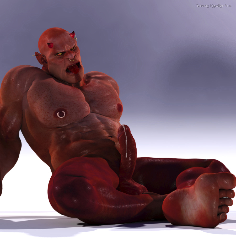 3d abs balls black_howler demon leaking looking_at_viewer male male_only muscles pecs penis piercing precum solo