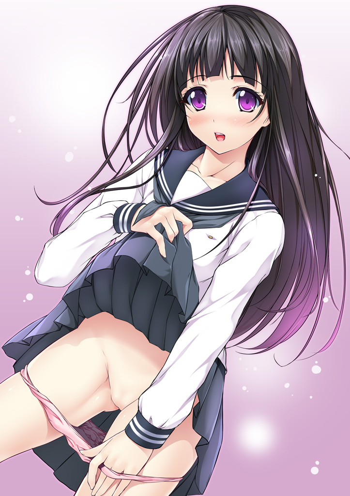 black_hair blush chitanda_eru hyouka long_hair open_mouth panties panty_pull pointy_chin purple_eyes saxasa_kisuk school_uniform skirt skirt_lift solo uncensored underwear