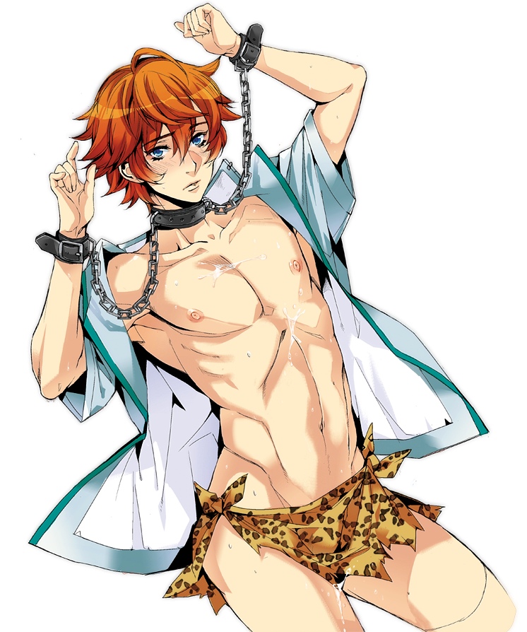 1boy ahoge blue_eyes blush chains collar cuffs cum cum_on_body cum_on_upper_body leopard_print loincloth male_only open_clothes open_shirt orange_hair prince_of_tennis sengoku_kiyosumi short_hair solo sweat yamada_3