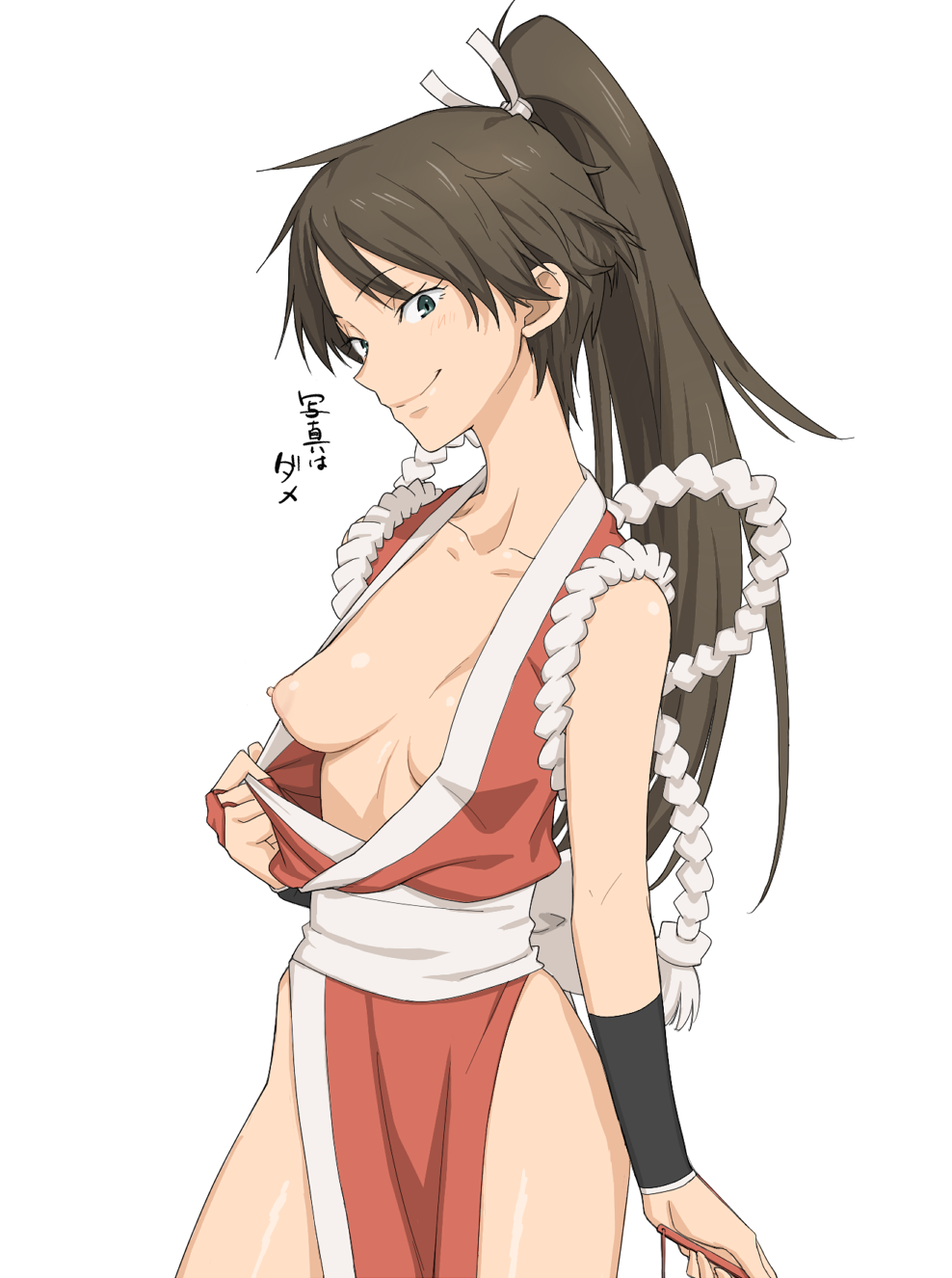 breasts brown_hair cosplay erect_nipples female female_only green_eyes human hyouka king_of_fighters kouchi_ayako long_hair mai_shiranui mai_shiranui_(cosplay) nipples one_breast_out ponytail simple_background solo tenchisouha