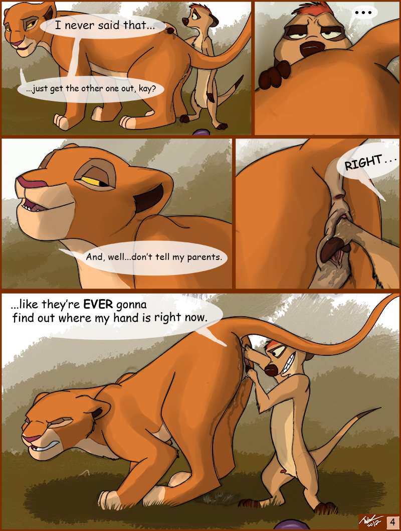 anus comic dialogue disney english_text feline female female_feral feral fisting interspecies kiara lion lioness male meerkat page_4 pussy pussy_juice size_difference straight text the_lion_king timon tuke vaginal_penetration