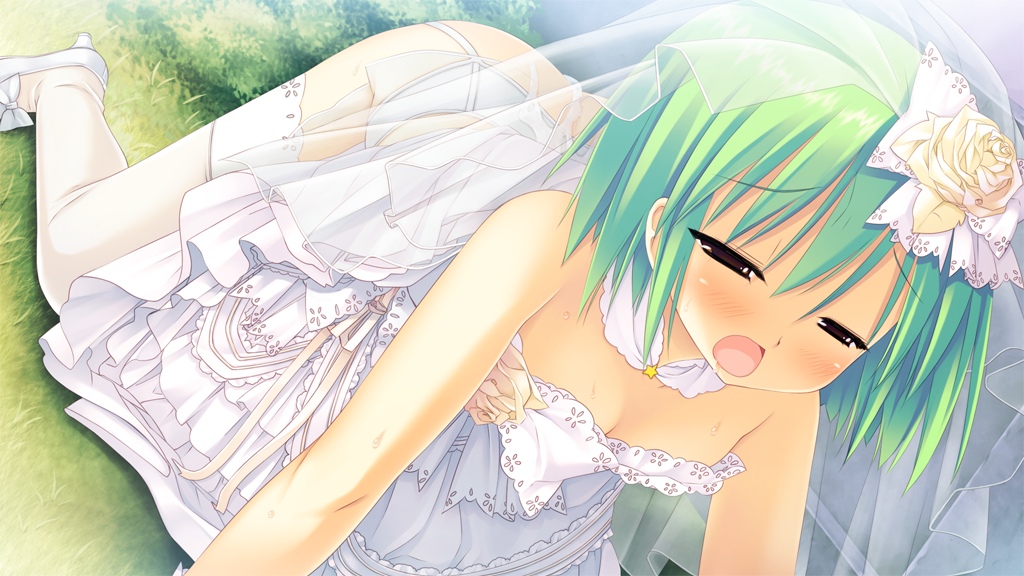 artist_request blush character_request cum cum_on_body dress dutch_angle game_cg green_hair miyasu_risa nanakase_shikiko nekonade_distortion nekonade_distortion_exodus open_mouth outdoors short_hair solo sweat thighhighs wedding_dress white_legwear