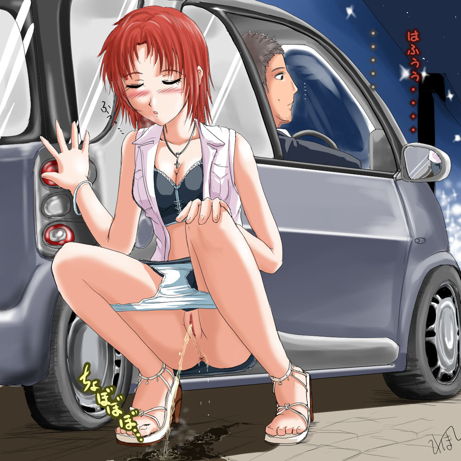 1boy 1girls alessandro_ricci blush car closed_eyes clothing gunslinger_girl high_heels homare_(suzu_no_oka) open_shoes panties peeing peeing_on_ground petrushka red_hair skirt squatting translation_request uncensored