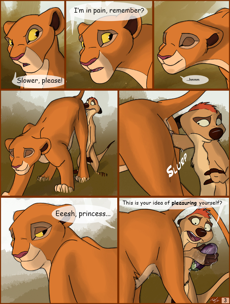 dialogue disney english_text feline female female_feral feral fisting interspecies kiara lion lioness male meerkat page_3 pussy pussy_juice size_difference straight text the_lion_king timon tuke vaginal_penetration