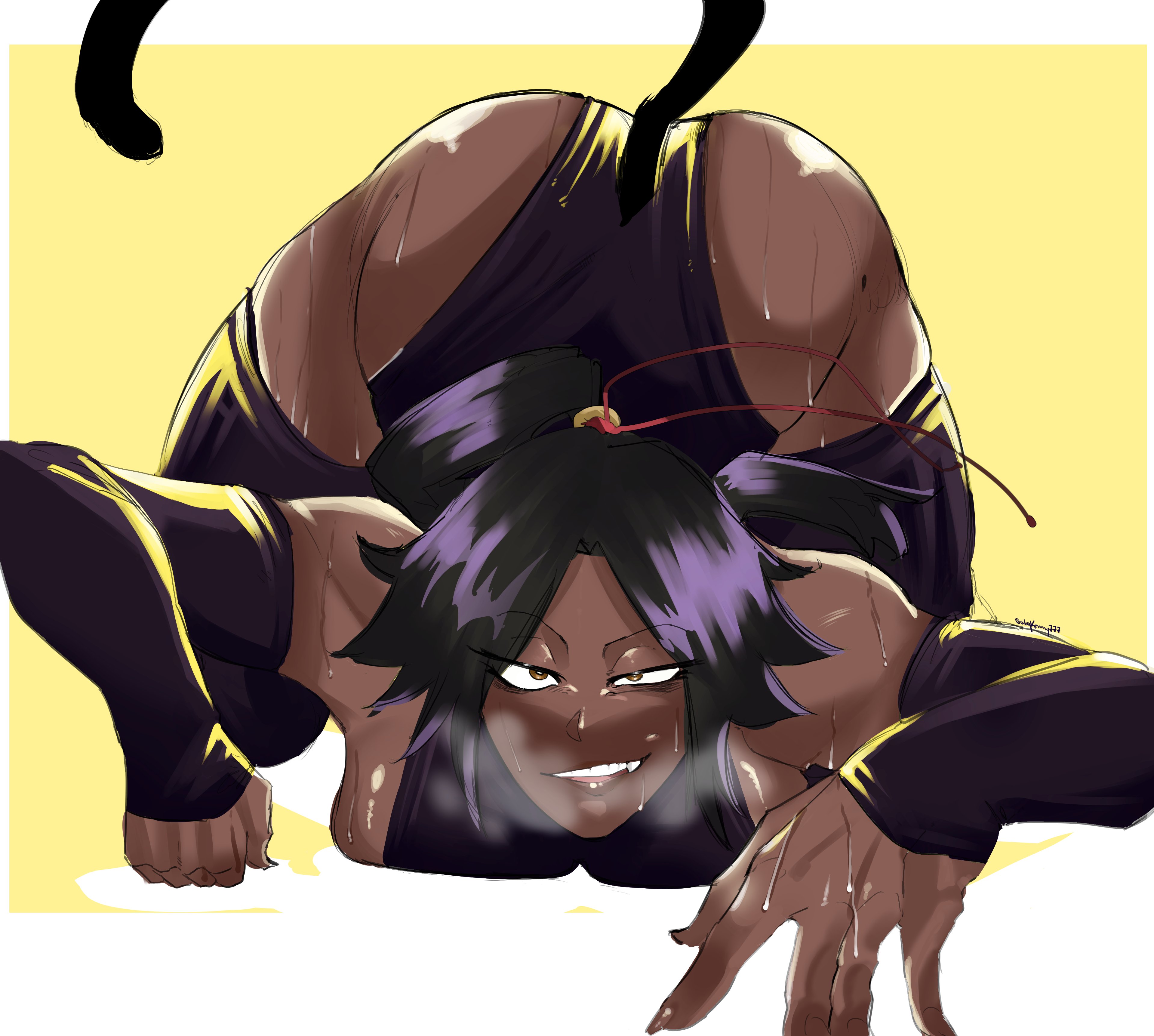 1girls, all fours, alqkemy777, alternate form, animal ears, ass, bare shoulders, big ass, big breasts, big thighs, black gloves, black leotard, black thighhighs, bleach, bleach: sennen kessen-hen, blush, breasts, cat ears, cat girl, cat tail, dark skin, dark-skinned female, elbow gloves, female, female only, flexible, gloves, huge ass, huge breasts, huge thighs, kemonomimi mode, large breasts, leotard, long hair, looking at viewer, naughty, naughty face, parted bangs, ponytail, purple hair, shihouin yoruichi, simple background, smile, smiling, smiling at viewer, solo, spread legs, sweat, sweatdrop, sweating, tail, thick thighs, thighhighs, thighs, toned, toned female, top-down bottom-up, white background, wide spread legs, yellow eyes