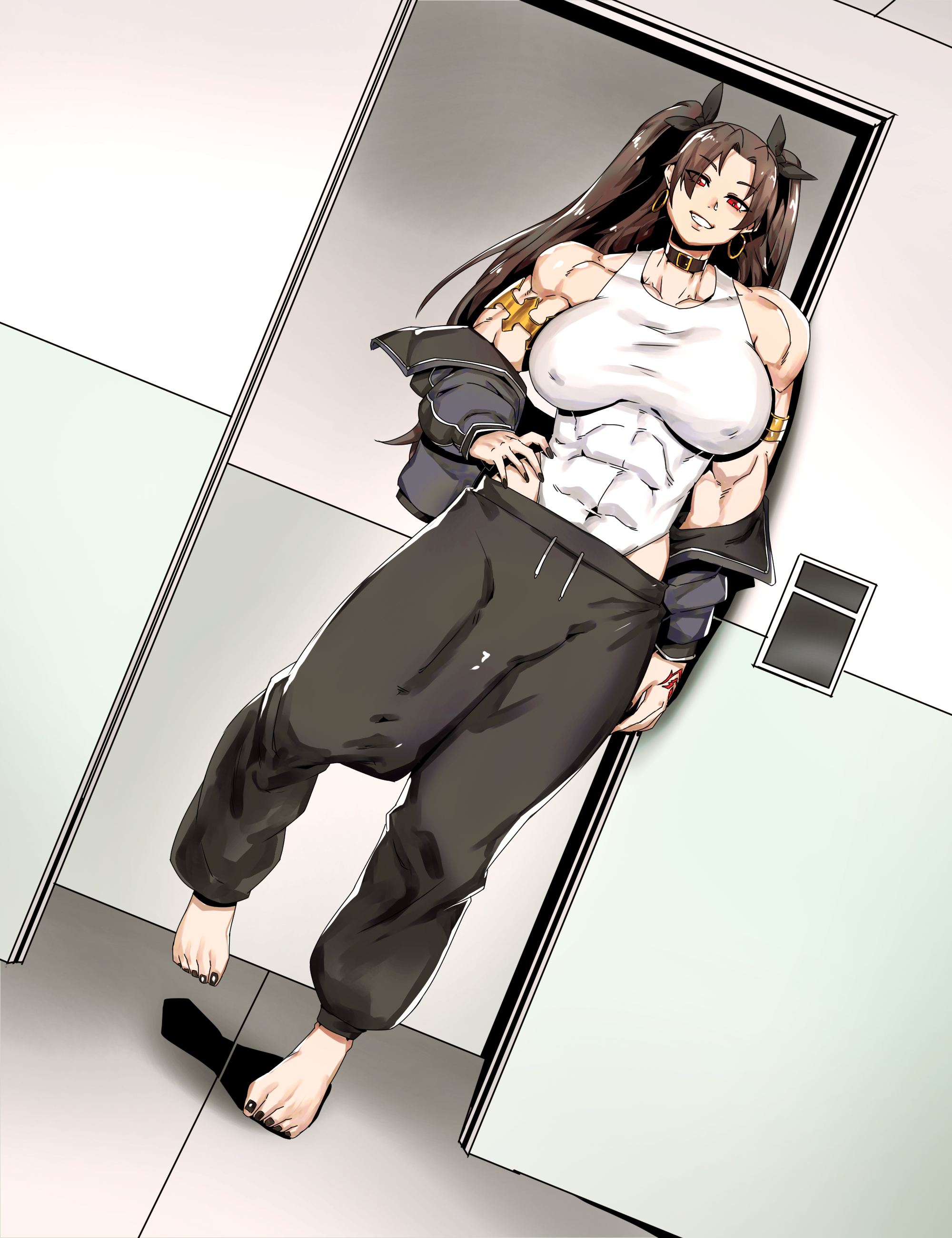 1futa, abs, background, barefoot, breasts, bulge, bulge down leg, bulge through clothing, choker, erection, excessive muscles, fate (series), fate/grand order, female, full color, futa only, futanari, huge bulge, huge cock, intersex, ishtar (fate), jacket, large breasts, leotard, light-skinned futa, long penis, looking at viewer, minew, muscles, muscular, muscular arms, muscular futa, penis, poney, red eyes, seductive look, sexy, smug, solo, taller female, tight clothing, twintails