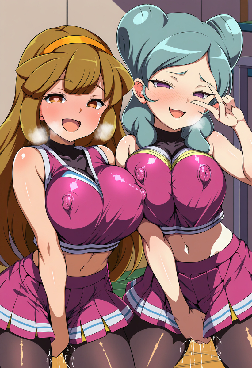 2girls, ai generated, beta (inazuma eleven), big breasts, breasts, brown eyes, brown hair, cheerleader, cheerleader costume, cheerleader uniform, curvaceous, curvaceous female, curvaceous figure, curvy, curvy female, curvy figure, curvy hips, cyan hair, duo, embarrassed female, erect nipples, erect nipples under clothes, female, female focus, female only, goldie lemmon, hi res, hourglass figure, hourglass figured female, huge breasts, inazuma eleven, inazuma eleven (series), inazuma eleven go, inazuma eleven go chrono stone, legwear, level-5, masturbation, nanobana kinako, nipples, nipples visible through clothing, peace sign, pleasure face, pose, purple eyes, pussy, pussy juice drip, spread pussy, standing masturbation, suggestive, suggestive look, suggestive pose, suggestive posing, voluptuous, voluptuous body, voluptuous female, wide hips