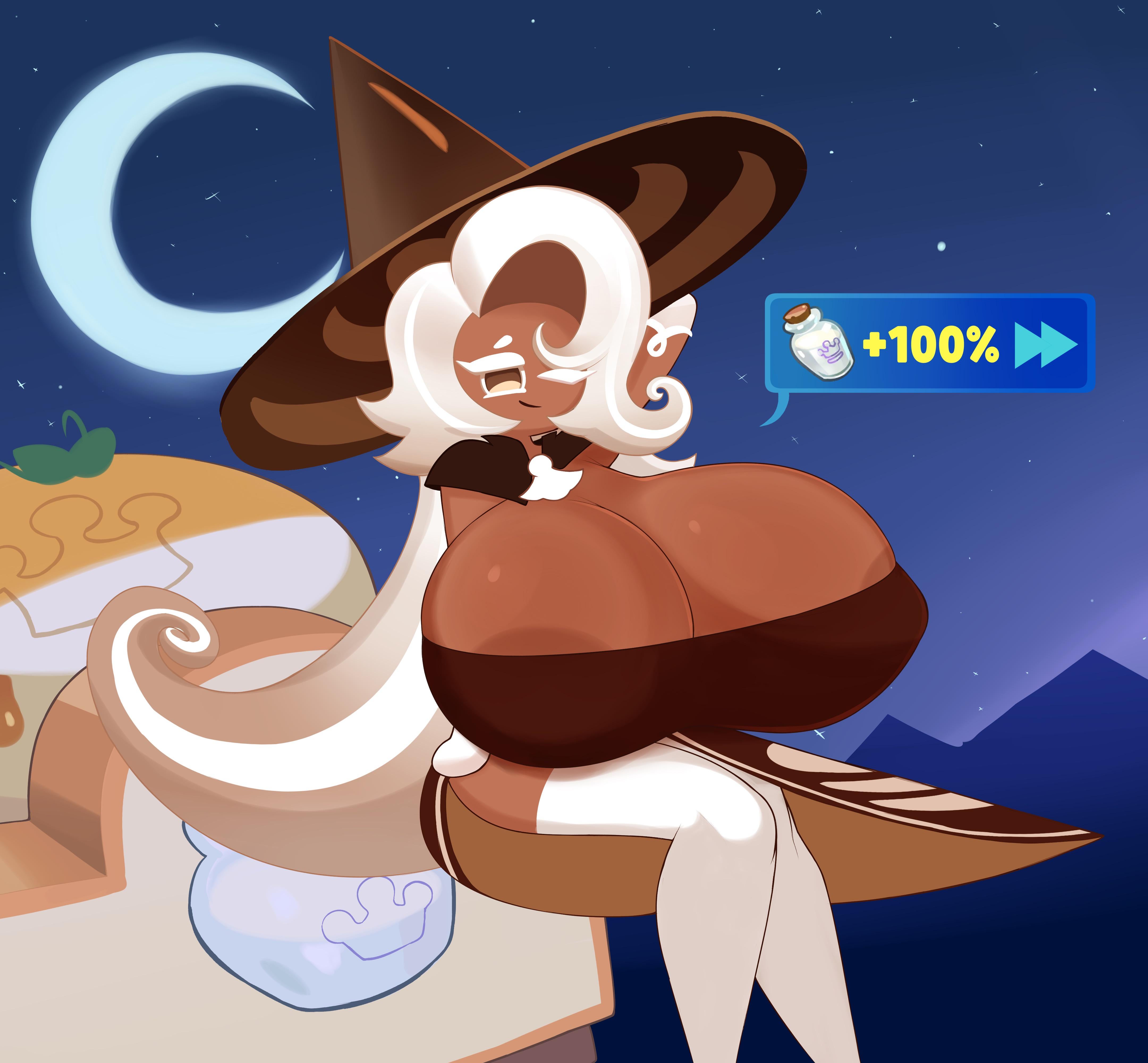 1girls, areola, areolae, areolae visible through clothing, arms behind back, breasts, breasts bigger than head, brown body, brown hair, brown skin, building, clothed, clothing, cookie run, cookie run kingdom, crescent moon, dialogue box, female, female only, floating, fromariels, hyper, hyper breasts, latte cookie (cookie run), long hair, milk, moon, night, night sky, oversized breasts, smile, solo, solo focus, starry background, starry sky, text box, thighhighs, thighs, white hair, witch hat