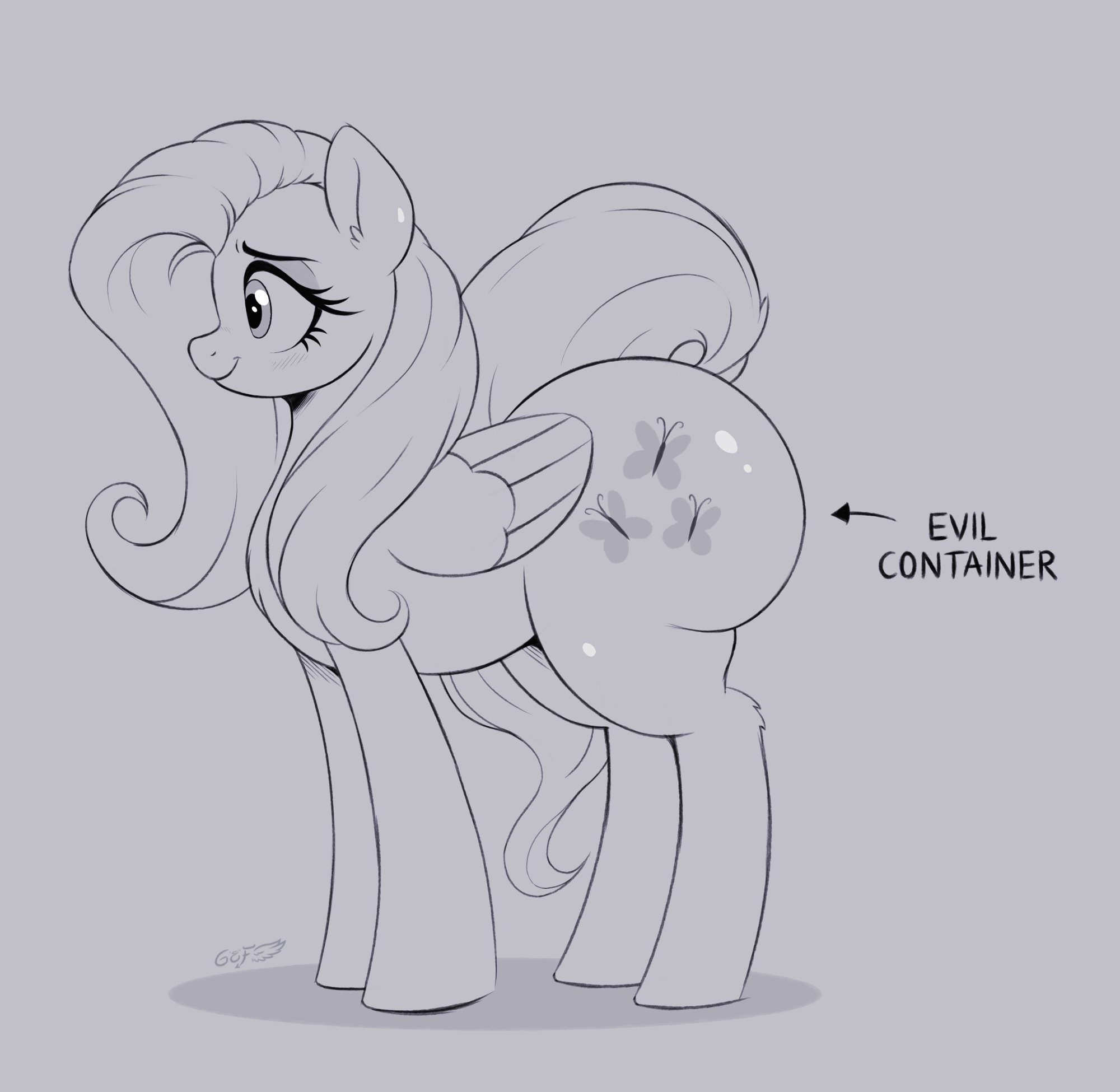 1girls, ass, black and white, cutie mark, evil container, female, female only, fluttershy (mlp), godoffury, horse, large ass, long hair, long tail, my little pony, tail, wings