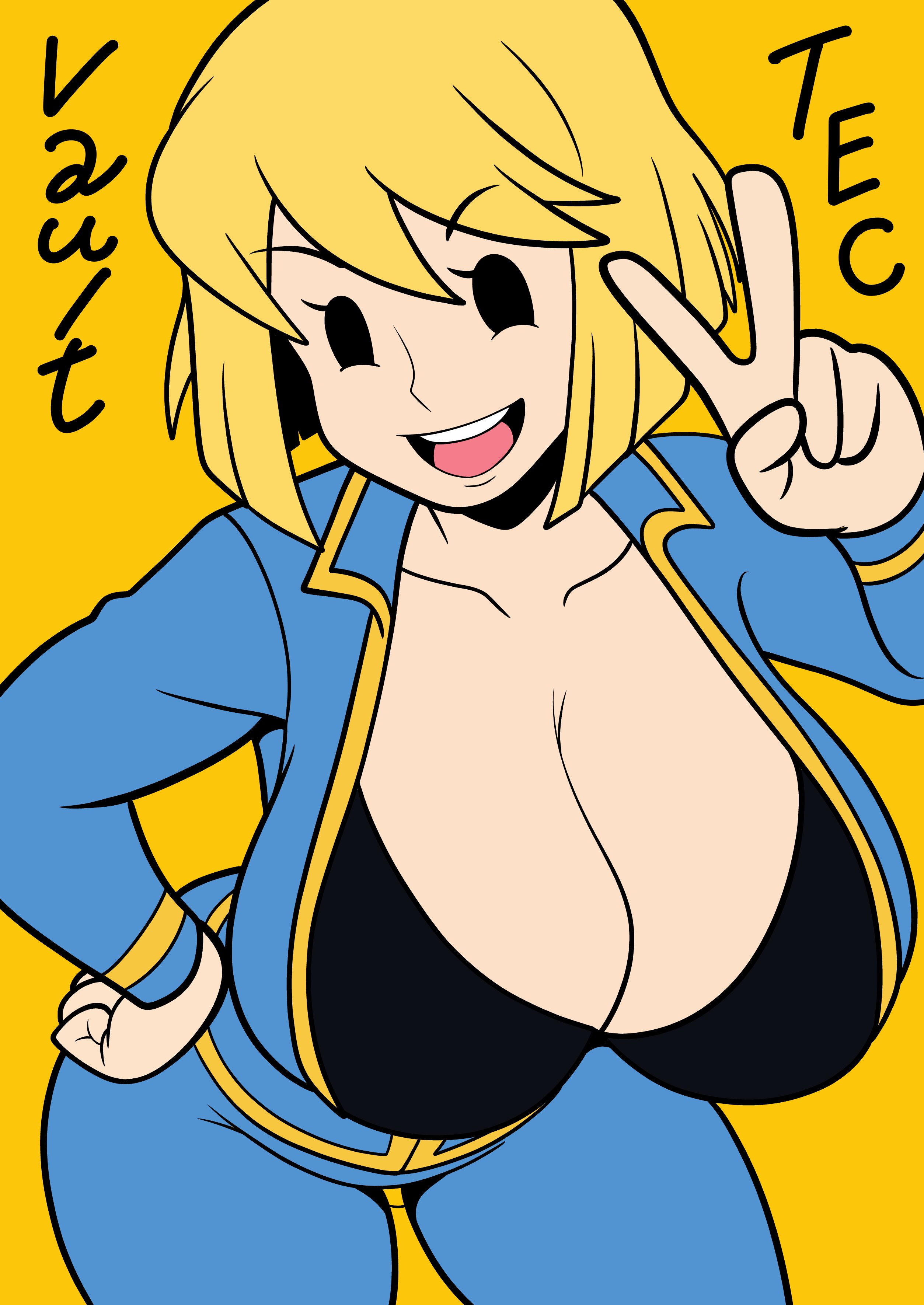 breasts, clothing, fallout, female, furry funnychan, human, mob face, presenting breasts, vault dweller, vault girl, vault suit