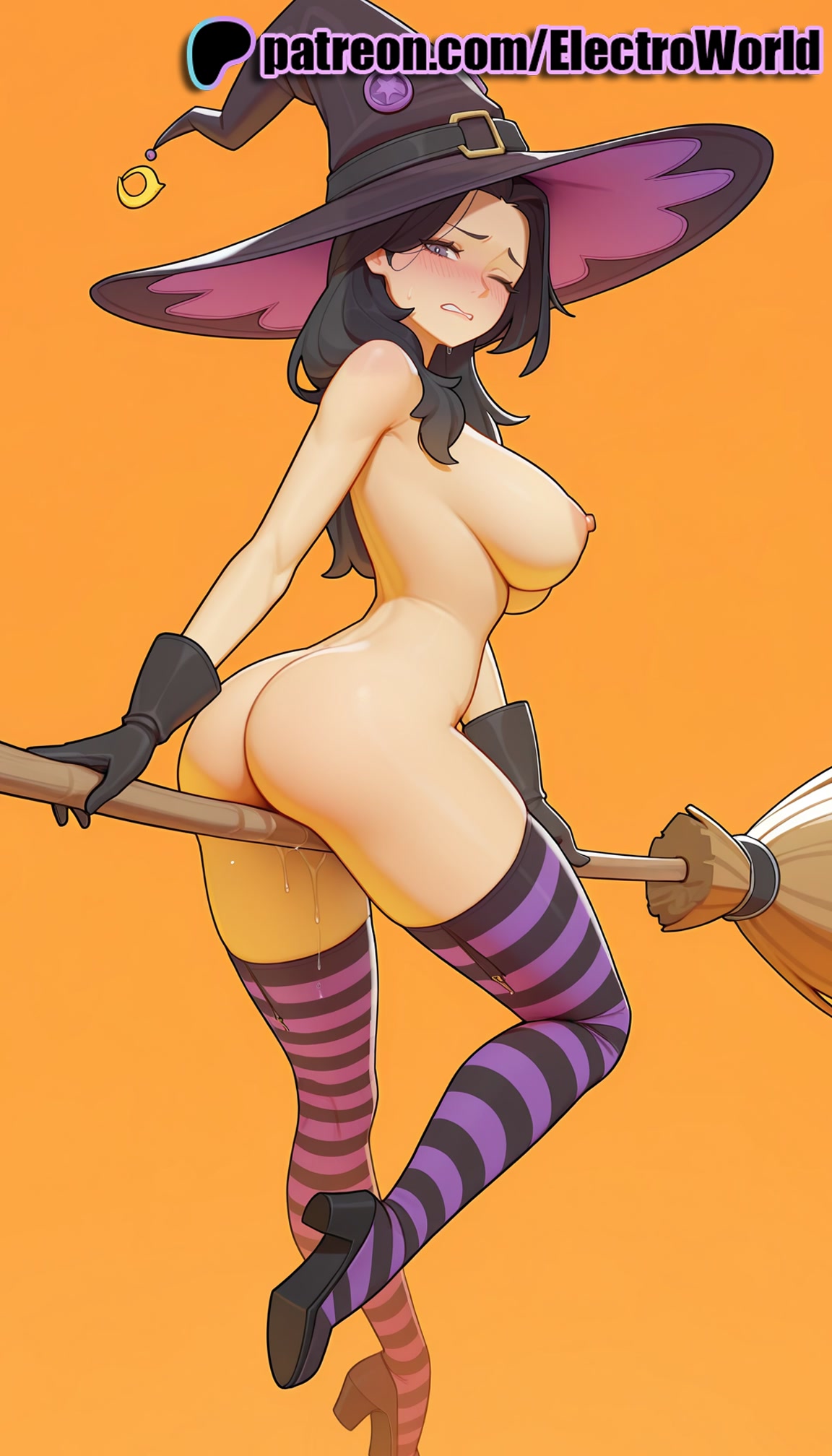 1girls, 2025, ai generated, artist name, black hair, blush, breasts, broom, broom riding, bust, chest, crotch rub, electroworld, english text, exposed nipples, female, gradient, halloween, halloween costume, happy halloween, hat, hi res, high quality, high resolution, highres, holding broom, jack-o'-lantern, mass effect, miranda lawson, nipples, nipples outside, object insertion, one eye closed, orange background, orange sky, patreon, patreon username, pussy, pussy juice, solo, stable diffusion, striped, striped legwear, sunset, thighhighs, watermark, wince, witch, witch hat