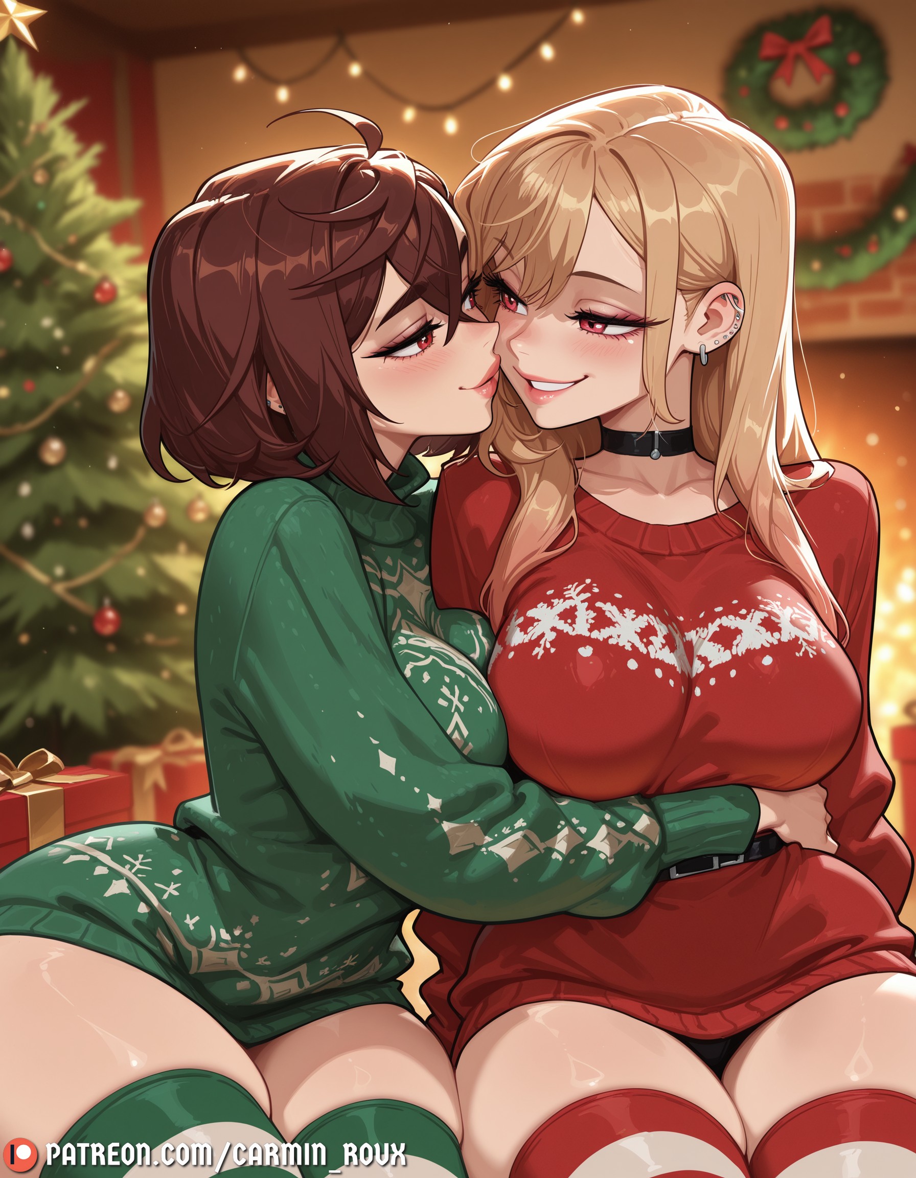 2girls, ahoge, ai generated, ayase momo, belt, black choker, black panties, blonde hair, blush, breasts, brown hair, carminroux, choker, christmas, christmas ornaments, christmas tree, dandadan, ear piercing, earrings, eye contact, female, female only, gift, gift box, green sweater, hug, imminent kiss, jewelry, kitagawa marin, large breasts, long hair, long sleeves, looking at another, multiple females, multiple girls, panties, parted lips, patreon username, piercing, red eyes, red sweater, short hair, sitting, smile, sono bisque doll wa koi wo suru, striped clothes, striped thighhighs, sweater, thick thighs, thighhighs, thighs, underwear, yuri