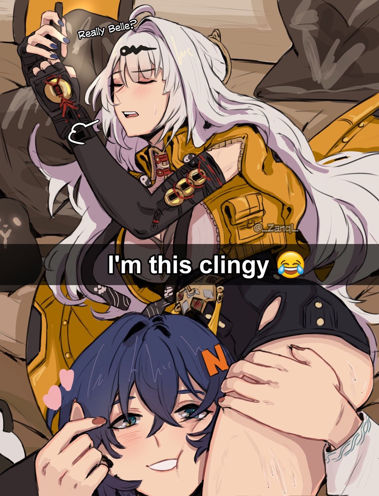 2girls, belle (delicate sunlight) (zenless zone zero), belle (zenless zone zero), blue eyes, blue hair, clingy, closed eyes, female, finger heart, head between thighs, heart, hoyoverse, im this clingy (meme), lesbian focus, meme, sigh, smile, smiling, smiling at viewer, sweat, thick thighs, twitter meme, twitter trend, white hair, wlw, yixuan (zenless zone zero), yuri, zanqi, zenless zone zero